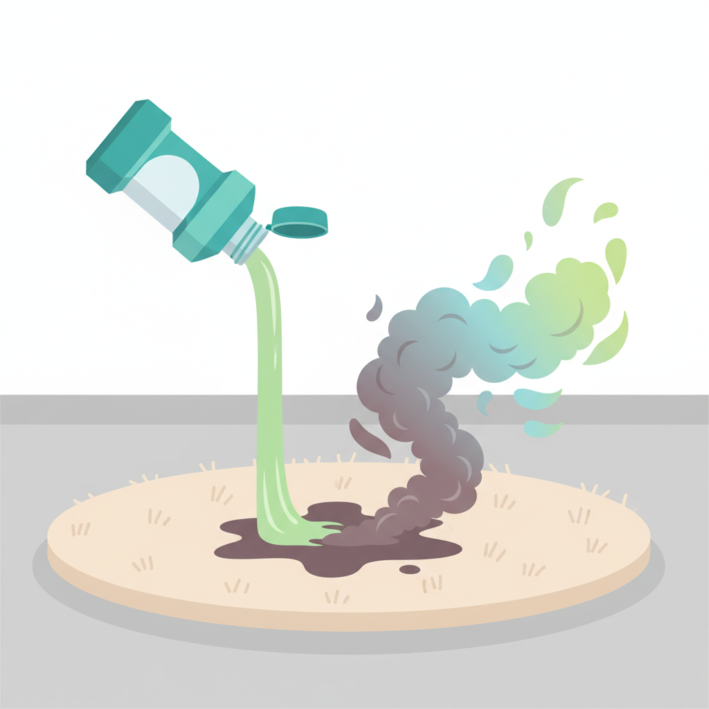A vibrant flat illustration depicting a scene where an unpleasant, swirling cloud of purple-brown odor, representing cat urine, is visibly dissipating from a carpet stain. A stream of fresh, mint-green liquid, originating from an abstractly depicted mouthwash bottle, flows over the affected area, transforming the dark odor cloud into soft, light blue and green fresh air wisps. The setting is a clean, minimalist room with a focus on the floor and the cleaning action. The style is modern and clean, using a refreshing color palette to emphasize the neutralization of bad odors by the unexpected solution.