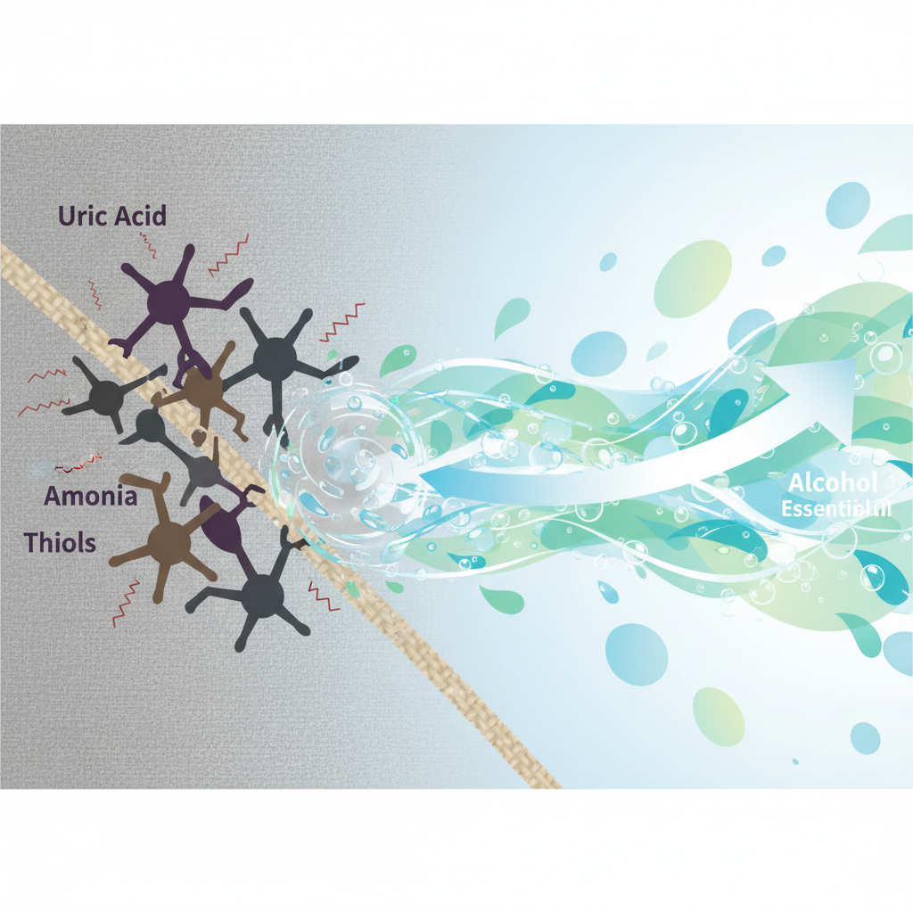 An infographic-style illustration visually explaining the breakdown of cat urine odors. On one side, stylized, dark, spiky molecular shapes representing uric acid, ammonia, and thiols are depicted clinging tightly to a magnified fabric fiber. On the other side, a wave of bright, energetic mouthwash components, like abstract swirling alcohol particles (clear, energetic) and fragrant essential oil wisps (mint green, blue), interact with these odor molecules, breaking them apart and transforming them into neutral, rounded shapes. The visual flow emphasizes the cleansing and neutralizing action. The style should be clean, scientific vector art with a clear, easy-to-understand process.