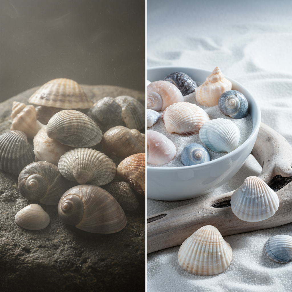 A vibrant, split-scene image illustrating the transformation of smelly seashells to fresh decor. On one side, a cluster of seashells appears slightly dull, perhaps with very subtle, hazy visual elements implying an unpleasant odor without being explicit. On the other side, the same type of seashells gleam, looking perfectly clean and inviting, arranged beautifully in a stylish bowl or on a piece of driftwood. A soft, clean light bathes the 'after' side, conveying freshness and purity. This should be a professional product photography style with a focus on visual contrast and appeal.
