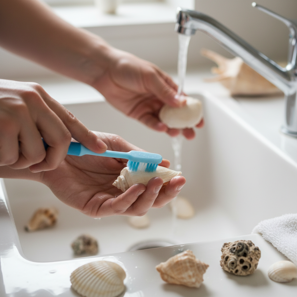 A close-up, practical shot depicting the initial cleaning process for seashells. Gentle hands are shown carefully holding and cleaning a variety of seashells. One hand uses a small, soft-bristled brush (like a toothbrush) to meticulously scrub the intricate details of a seashell. In the background, out of focus but visible, another shell is being rinsed under a gentle stream of cold water. The setting should be bright and clean, perhaps a kitchen sink or work surface, with a feeling of careful, diligent work. The overall style should be clear, detailed macro photography, emphasizing the hands-on activity.