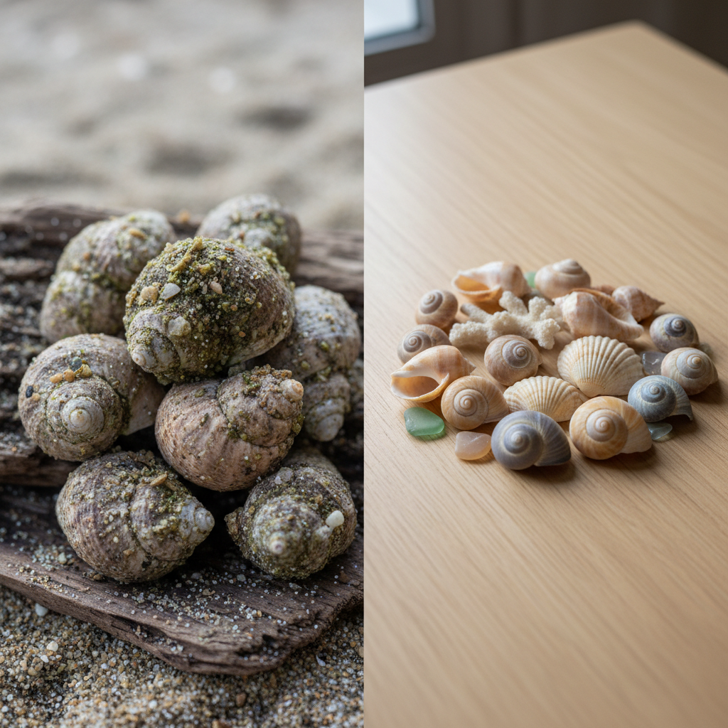 A visually appealing, bright professional still-life photograph showcasing the transformation of seashells. On one side, a small pile of uncleaned, sand-covered, dull seashells with some dried algae clinging to them, perhaps on a rustic beach-like surface. Next to it, on a clean, polished surface (like a light wooden table), beautifully arranged, sparkling clean seashells in various sizes and natural colors, perfectly ready for decoration. The contrast should be stark, highlighting their renewed beauty and intricate textures. Soft, natural lighting.