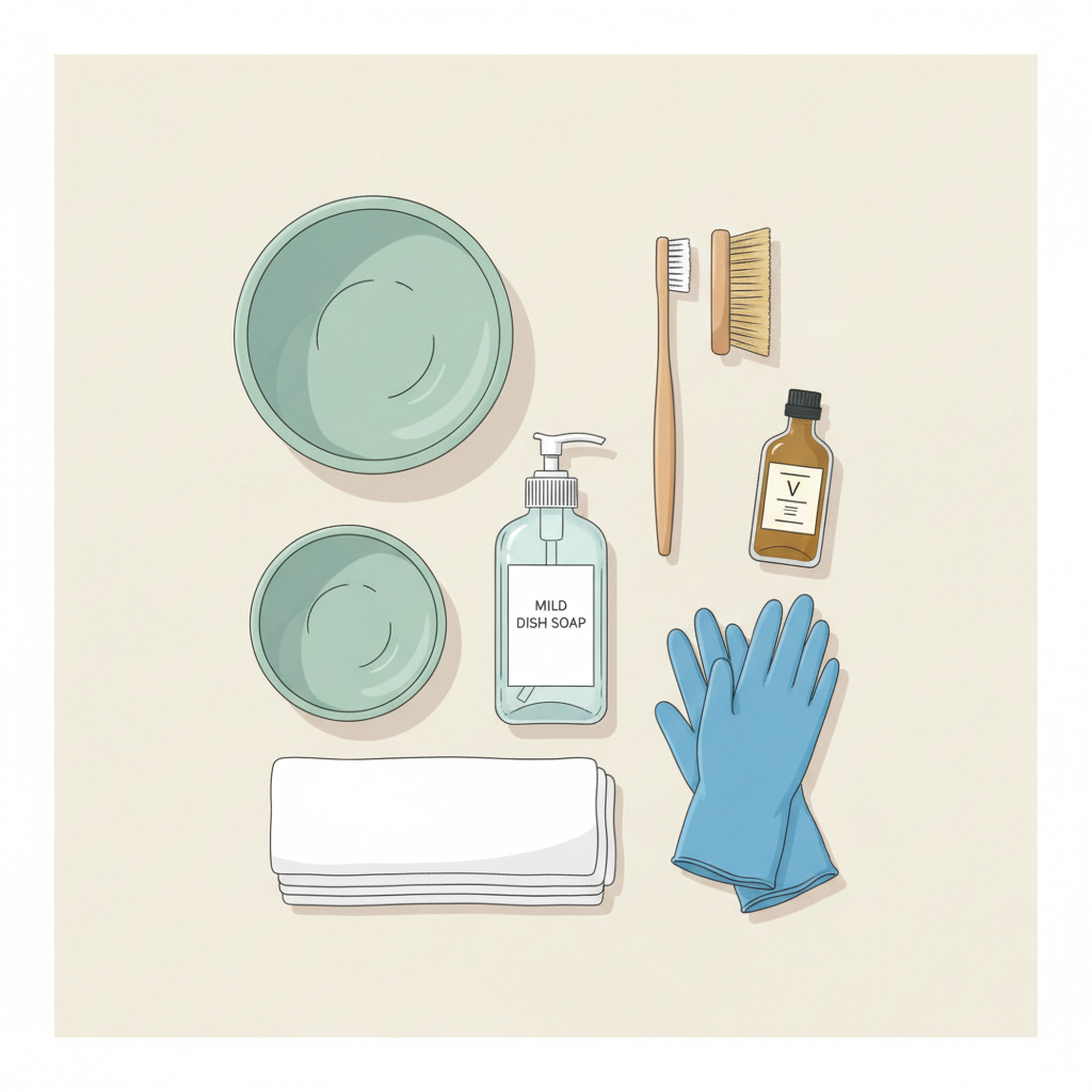 A clean, top-down flat lay illustration depicting all the essential tools and materials for cleaning seashells. Neatly arranged on a light background are: a couple of different sized bowls, a soft toothbrush, a slightly coarser dish brush, protective rubber gloves, a bottle of mild dish soap, a small bottle of vinegar, and a stack of clean drying cloths. The composition should be clear and organized, with each item distinctly visible. The style is modern, clean, and inviting, with a focus on usability and preparation.