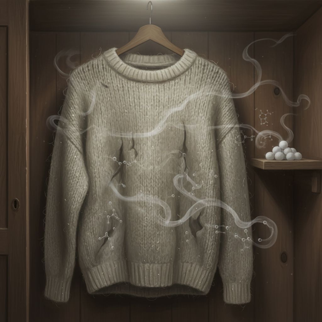 A detailed illustration depicting a soft, knitted wool sweater hanging inside a slightly dark, wooden wardrobe. Small, white, crystalline mothballs are visible in the corner or on a shelf nearby. Subtle, transparent, wispy tendrils or molecular shapes are shown emanating from the mothballs and visibly permeating the fibers of the sweater, symbolizing the deep-seated, persistent naphthalene odor. The overall aesthetic should be a realistic digital painting with a slightly muted color palette, emphasizing the problem.