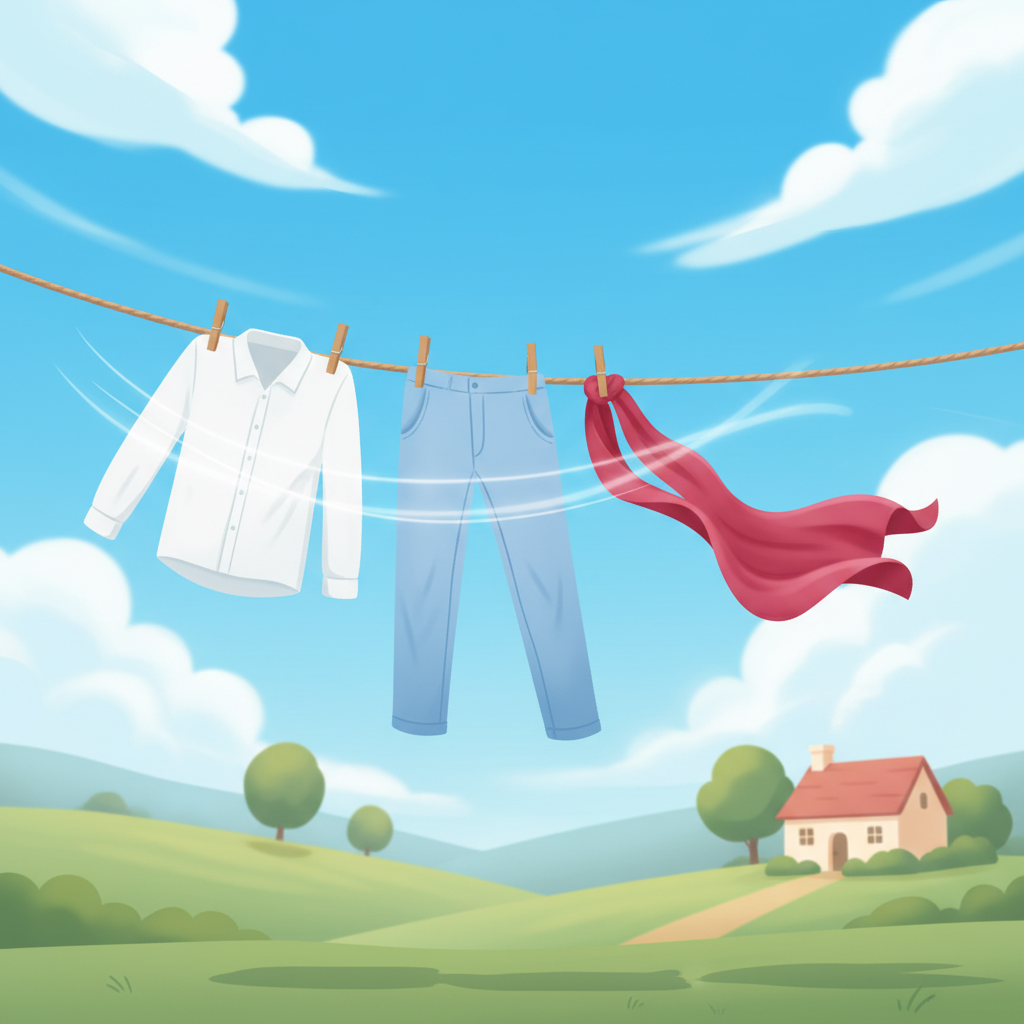 A vibrant, clean illustration featuring various clothing items, such as a shirt, a pair of trousers, and a scarf, hanging neatly on a clothesline outdoors. A gentle, visible breeze subtly ruffles the fabric, under a bright, clear blue sky with soft, diffuse clouds. The background is a blurred, pleasant outdoor landscape, perhaps with distant trees or a house. The image conveys a strong sense of freshness, airiness, and natural purification, representing the effective ventilation method for odor removal.