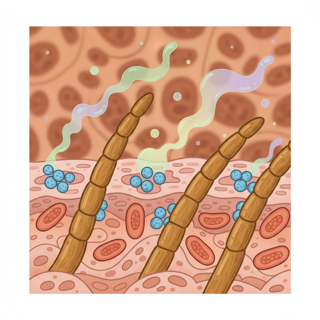 A detailed microscopic illustration showing the surface of dog fur and skin. Tiny, stylized bacteria (cocci clusters) and yeast (oval shapes) are visible amidst the fur strands. These microorganisms are actively depicted emitting small, wavy, cloud-like odor particles into the air around the fur. The background is a soft focus on the dog's skin texture. The overall style is a clean, scientific diagram with an approachable, warm color palette, illustrating the biological cause of wet dog smell.