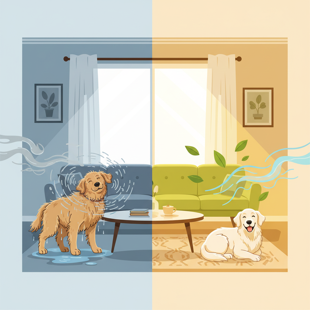 A modern flat illustration depicting a cozy living room with a clear visual contrast. On one side, a wet, shaggy dog is shaking water, with subtle, grey odor clouds emanating from its fur, slightly dampening the atmosphere. On the other side, the same living room appears bright and fresh, with sunlight streaming in. A clean, dry, happy dog is resting comfortably on a rug, while stylized fresh air currents or leaf motifs gently float through the space, symbolizing a fresh environment. The colors are vibrant and clean, highlighting the transformation.