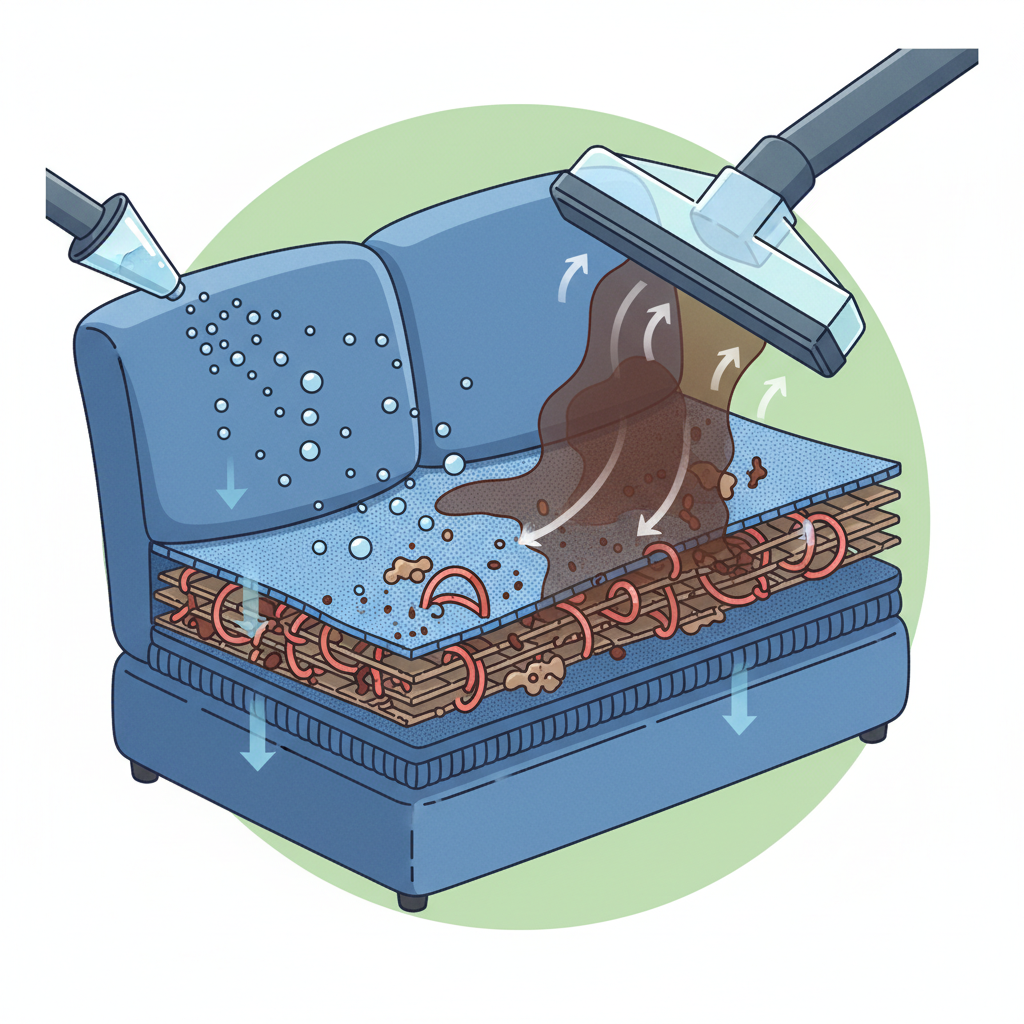 An infographic-style illustration depicting the deep cleaning process of upholstery. Show a magnified cross-section of a sofa cushion. A nozzle is seen spraying a fine mist of cleaning solution that penetrates deep into the fabric fibers, dissolving embedded dirt particles. Simultaneously, a powerful suction head is shown drawing up the now dirty liquid, lifting it completely out of the fibers. Use clean, vibrant colors and clear visual cues like subtle arrows to illustrate the flow and effectiveness of the spray extraction method, emphasizing the thorough removal of hidden grime.