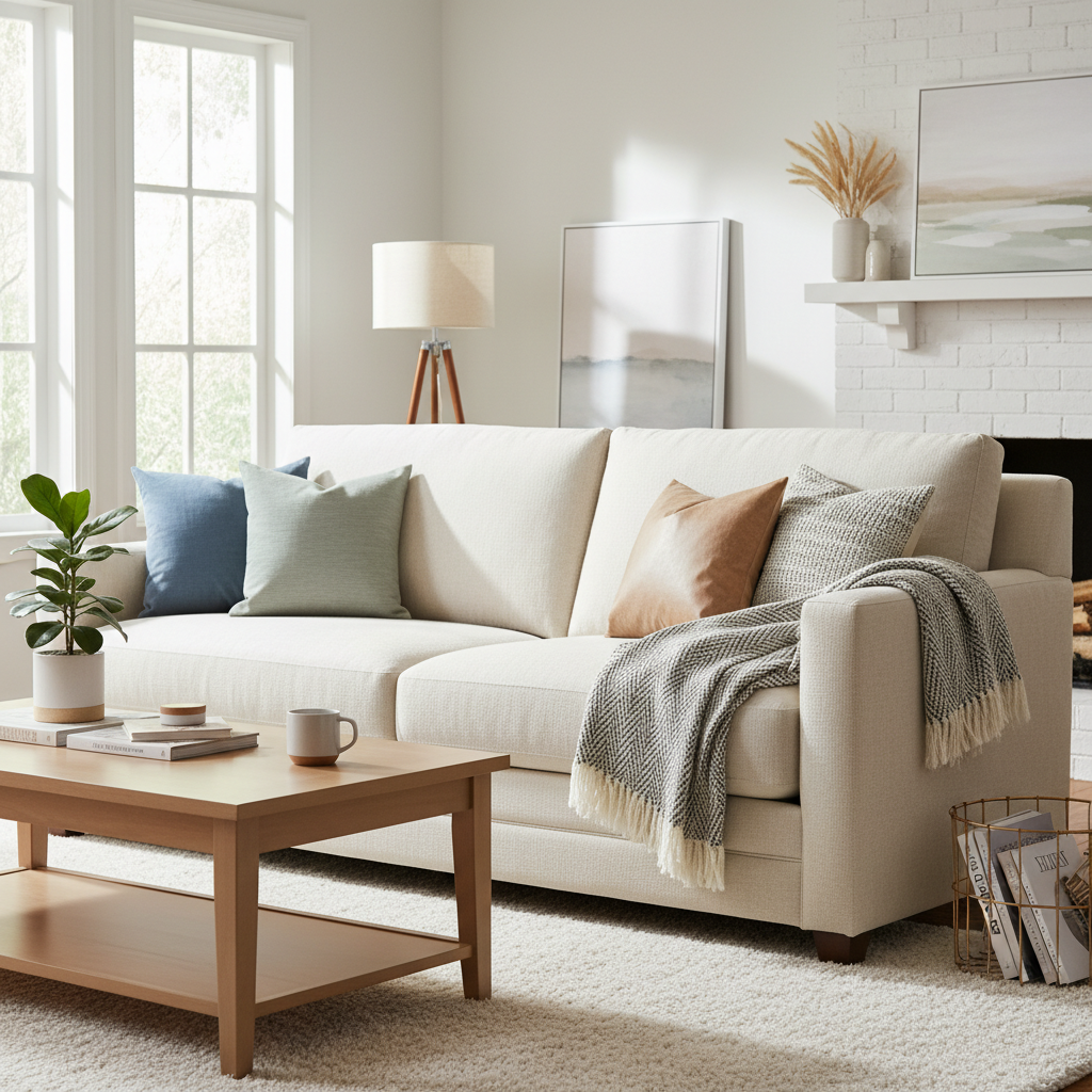 A vibrant, professional lifestyle photo capturing a cozy living room scene with a beautifully revitalized sofa as the focal point. The upholstery should appear spotless, fresh, and plush, conveying a sense of deep cleanliness and comfort. Soft, natural light bathes the room, highlighting the textures of the fabric. The overall mood should be inviting and serene, suggesting the positive impact of a thoroughly cleaned home environment. The image should celebrate the renewed appearance and freshness of the polished furniture.
