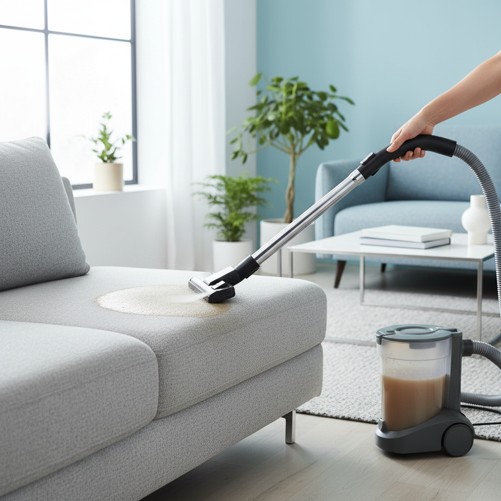 A professional photo or realistic digital illustration depicting a wet vacuum cleaner actively cleaning a modern fabric sofa in a bright, contemporary living room setting. The vacuum's nozzle is pressed against a section of the sofa, with a subtle visual contrast implying a previously dirty or stained area becoming visibly cleaner and slightly damp. A gentle mist or clean fluid can be seen emanating from the nozzle, and a slightly darker, dirtier liquid is being suctioned back, highlighting the deep cleaning process. The overall scene conveys freshness and effectiveness.
