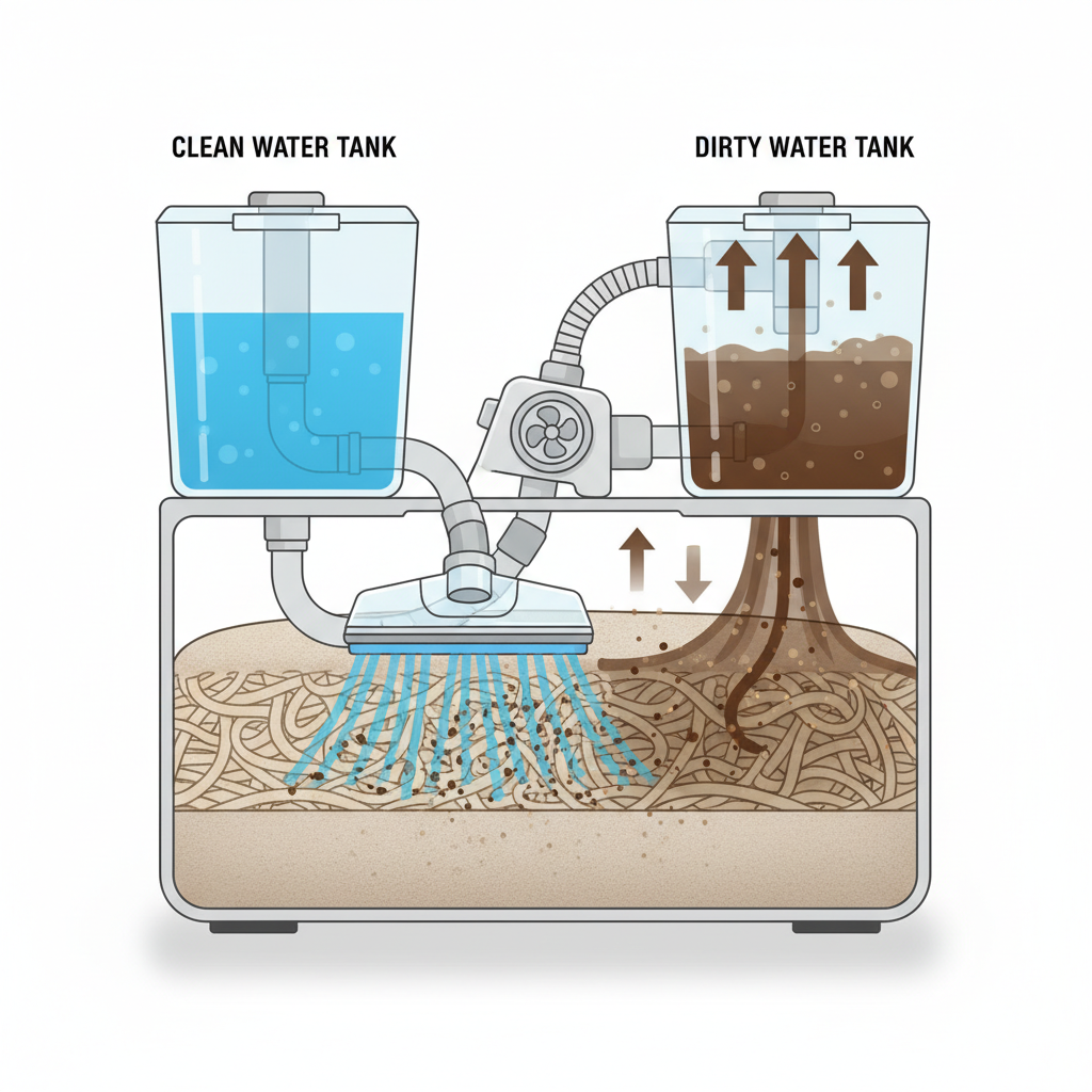 A clear, infographic-style illustration or a simplified cutaway diagram explaining the internal mechanism of a wet vacuum cleaner during operation on a cross-section of sofa fabric. The diagram should visually represent the flow: a transparent clean water tank dispensing cleaning solution through a hose and nozzle onto the sofa's fibers, showing deep penetration. Simultaneously, a powerful suction unit is actively pulling the now dirty liquid and dissolved grime upwards into a separate, visibly soiled collection tank. Use distinct colors for clean water, dirty water, and the sofa material.