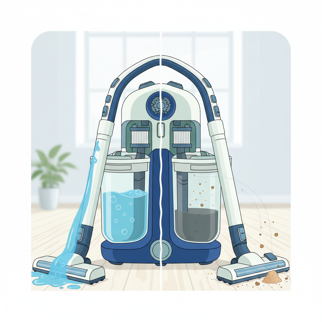 A detailed, modern flat illustration showing a wet vacuum cleaner in a clean home environment. The vacuum is depicted in a split view: one half shows a nozzle sucking up a vibrant blue liquid spill from a wooden floor, with the liquid visibly collecting in a transparent dirty water tank inside the appliance. The other half shows the same vacuum's nozzle collecting dry dust and debris, with a distinct visual path leading to a separate dry collection chamber. Emphasize the internal components like the motor and filter with subtle schematic lines. The overall aesthetic should be clean, informative, and visually appealing for a blog.