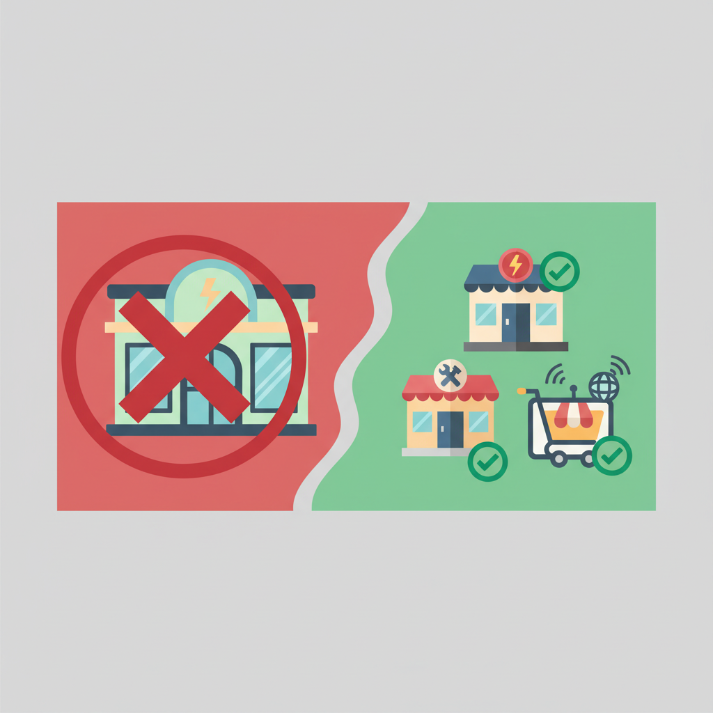 An infographic-style flat illustration contrasting different shopping venues for a wet vacuum cleaner. On one side, depict a stylized, generic representation of a a drugstore-like facade with a clear 'X' mark or 'NO' symbol overlaid, indicating the absence of wet vacuums. On the other side, show a cluster of diverse, stylized storefronts or icons representing electronics stores, hardware stores, and an online shopping cart, each with a green checkmark or 'YES' symbol. The focus should be on clear visual communication of availability, using distinct color coding for positive and negative options, suitable for a blog article.