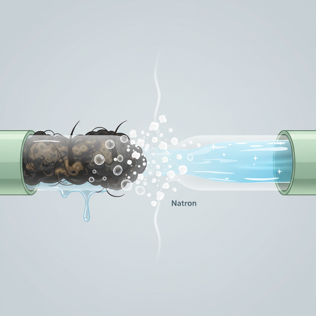 An infographic-style illustration depicting a cross-section of a household drainpipe. On the left side, the pipe is shown partially clogged with dark, amorphous grime, hair, and soap scum, impeding water flow. On the right side, the same drainpipe is clean and clear, with water flowing freely and smoothly. A conceptual visualization of white baking soda (Natron) particles is shown actively dissolving or breaking down the clogs in the middle section, creating subtle, stylized bubbles. The overall aesthetic should be clean, modern, and easy to understand, emphasizing the transformative power of Natron on blockages.