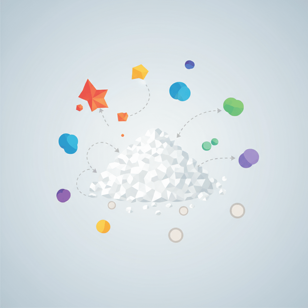 A clean, modern flat illustration depicting the scientific principle of odor neutralization by baking soda. In the center, a pile of white crystalline baking soda granules. Around it, various abstract, colorful shapes representing different odor molecules (some jagged for acidic, some rounded for basic) are visibly attracted to the baking soda. As they interact, the molecules transform into simple, neutral grey or white circles, illustrating their neutralization and absorption into the baking soda. The background is a soft, light color, emphasizing the process. The overall aesthetic is educational and visually engaging, like an infographic without text.