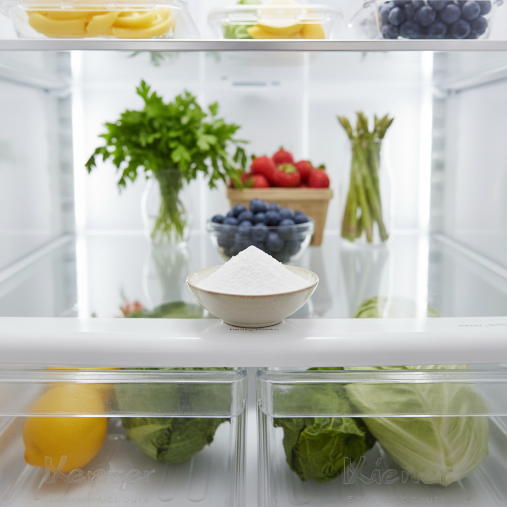 A professional, high-angle photo capturing the interior of a meticulously clean and well-organized refrigerator. In the foreground, an elegant, small ceramic bowl or glass dish is prominently placed on a shelf, filled with white baking soda powder. The baking soda is slightly mounded, appearing fresh and ready to absorb odors. In the soft-focus background, glimpses of fresh, vibrant produce like green herbs, colorful fruits, or crisp vegetables are visible, hinting at a healthy and odor-free environment. The lighting is bright and even, creating a sense of freshness and pristine cleanliness.