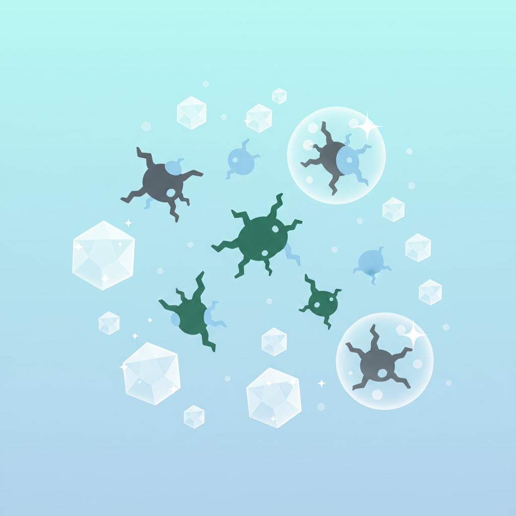 A vibrant flat illustration depicting the microscopic action of baking soda neutralizing odors. In the center, a cluster of stylized, jagged, dark grey and green 'odor molecules' floats, representing unpleasant smells. Surrounding and actively interacting with these are numerous small, sparkling white crystalline shapes, symbolizing baking soda particles. Some of the odor molecules are visibly transforming, becoming smoother and changing to a light blue or neutral grey, indicating neutralization. The baking soda particles appear to absorb and encase others, illustrating physical absorption. The overall impression is clean and scientifically elegant.
