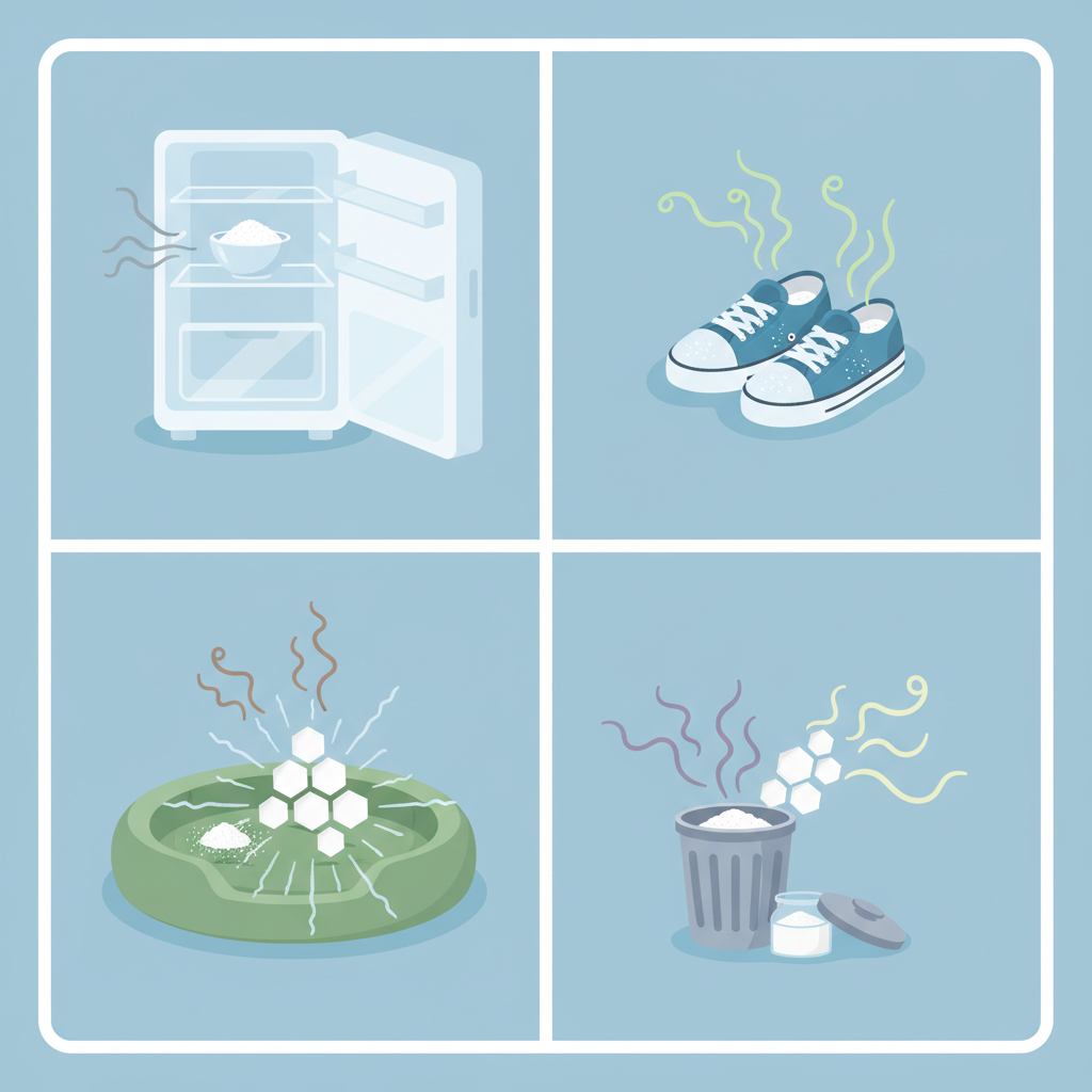 A clean, modern infographic-style illustration showcasing various common household scenarios where baking soda neutralizes odors. The image is divided into a few distinct panels or sections. One section shows an open refrigerator with a small bowl of white powder inside, and subtle 'smell lines' disappearing. Another depicts a pair of shoes with white powder sprinkled within, emitting fresh, clean 'air' lines. A third might show a pet bed, and a fourth, a small trash can with a subtle cloud of odor being absorbed by a stylized representation of baking soda. The overall aesthetic is bright, practical, and easy to understand.