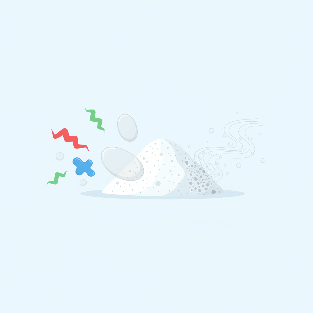 A clean, minimalist flat illustration demonstrating the dual action of Natron. The scene shows white, granular Natron powder at its center. On one side, various abstract, colored shapes representing 'odor molecules' (e.g., jagged red for acidic, irregular blue for basic) approach the Natron, transforming into smooth, clear grey shapes upon contact, symbolizing chemical neutralization. On the other side, subtle grey mist or tiny water droplets are shown being absorbed directly into the porous Natron particles, illustrating moisture binding. The background is light and airy, emphasizing the cleansing and purifying effect.