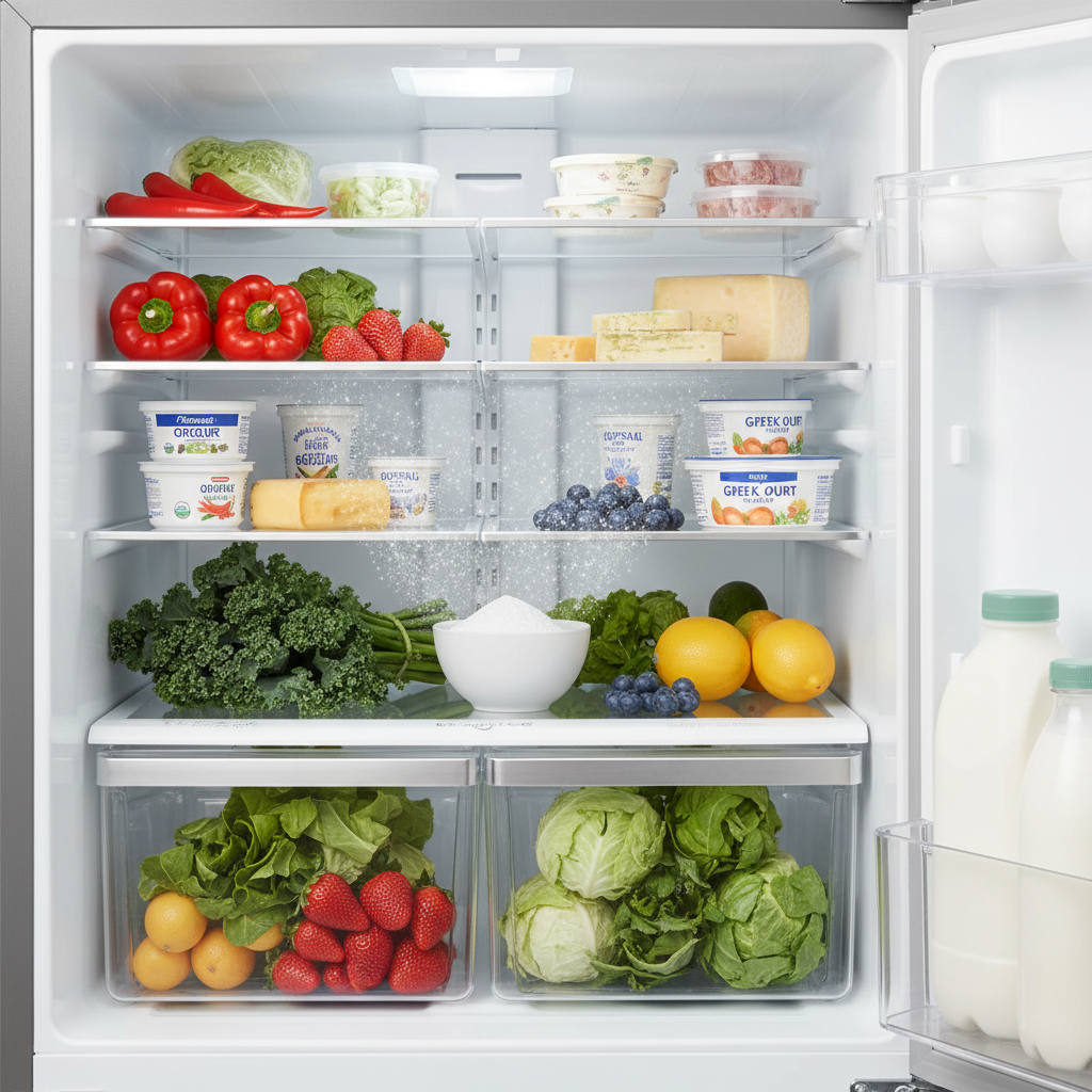 A professional, brightly lit photo showcasing the interior of a clean, modern refrigerator. The door is slightly ajar, revealing various fresh, colorful groceries like crisp vegetables, fruits, and dairy products neatly arranged on glass shelves. Prominently placed on one of the middle shelves is a small, open, simple ceramic bowl filled with fine white Natron powder. A subtle visual effect, like a soft, invisible 'freshness wave' or sparkling air, emanates gently from the Natron bowl, creating an aura of cleanliness and purity within the appliance.