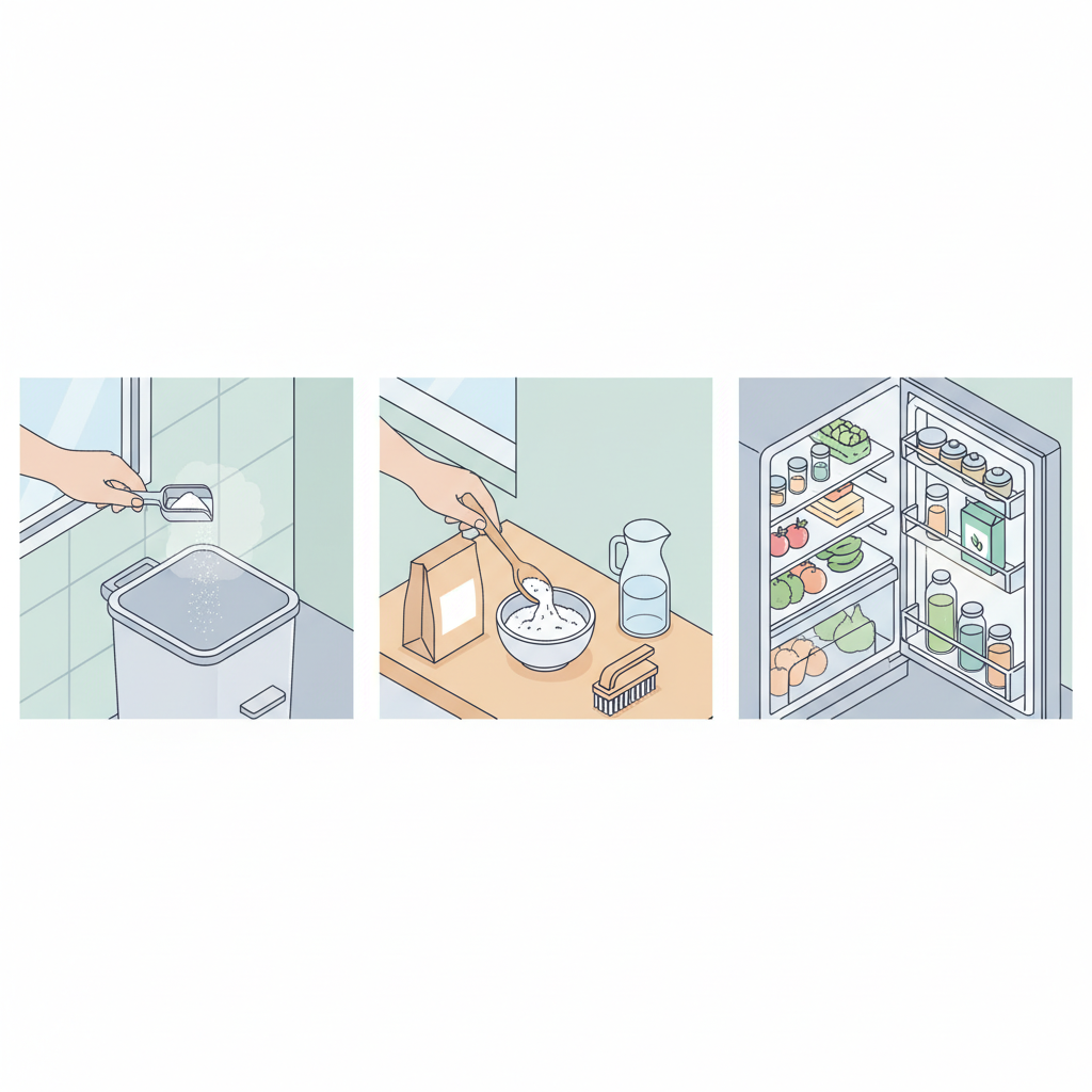 An isometric, multi-panel illustration showcasing Natron's diverse uses in the kitchen. The first panel depicts a hand sprinkling fine white powder into the base of a clean, empty kitchen trash can. The second panel shows another hand mixing white powder with water to form a cleaning paste in a small bowl. The third panel features an open, small container of Natron discreetly placed on a shelf inside a bright, organized refrigerator. The overall impression is one of natural cleanliness and practical household solutions, rendered in a clean, modern isometric illustration style with a light, airy color scheme.