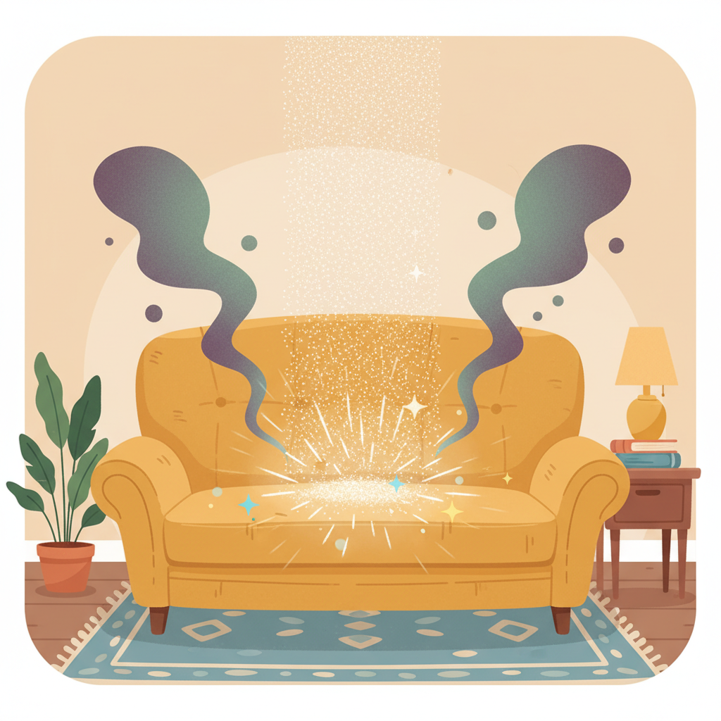 A cozy, slightly worn sofa in a living room setting, visually emitting subtle, dark, wavy lines or cloud-like representations indicating an unpleasant odor. From above, a small pile of white powder (baking soda) is gently falling onto the sofa, with bright, clean, sparkling elements or light rays emanating from where it touches the fabric, symbolizing neutralization and freshness. The overall style should be a warm, inviting flat illustration with a touch of realism in the sofa texture, making the contrast between the 'smell' and the 'freshness' clear and appealing.