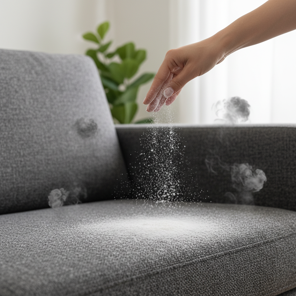 A close-up, dynamic shot of a hand gently sprinkling a fine white powder (baking soda) across the textured fabric of a sofa. The powder particles are suspended mid-air, caught in a soft, bright light, with tiny, almost imperceptible 'unpleasant odor' molecules (depicted as small, dark, cloud-like wisps) being visually absorbed or dissolving into the falling powder. The background blurs slightly, focusing on the action. This should be a clean, modern lifestyle photo, emphasizing the simplicity and effectiveness of the cleaning process, with a sense of calm and hygiene.