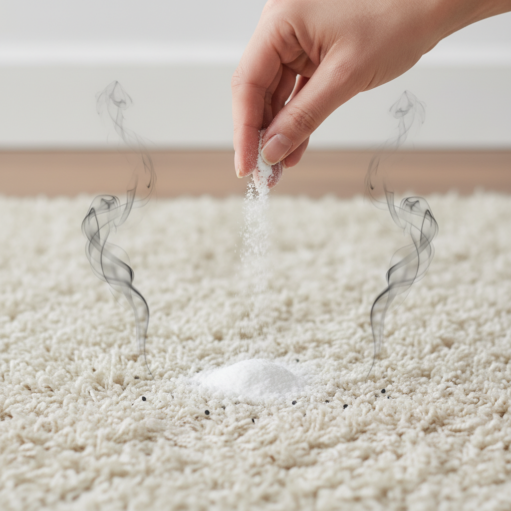 A professional photo capturing a close-up, slightly elevated view of a hand gently sprinkling white baking soda powder onto a plush, light-colored carpet. The fine powder should be visibly settling into the carpet fibers. There should be a subtle, stylized visual suggestion of unpleasant odor molecules (e.g., faint, wavy dark wisps) dissipating as the baking soda makes contact, implying neutralization and absorption. The focus is sharp on the action, with a soft blur in the background to emphasize the process. The scene should convey cleanliness and effectiveness.