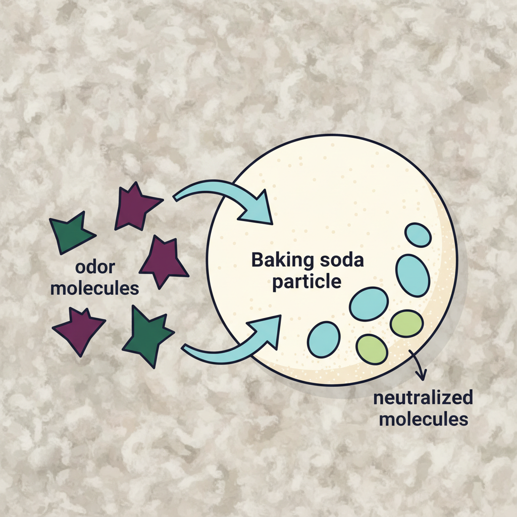 An infographic-style flat illustration visually explaining the chemical neutralization process of odors by baking soda within carpet fibers. On the left, stylized, jagged 'odor molecules' (e.g., dark, angular shapes) are depicted. In the center, a smooth, round 'baking soda particle' (light-colored) is shown. Arrows illustrate the odor molecules moving towards and chemically interacting with the baking soda, transforming into new, smooth, 'neutralized molecules' that are visibly bound to the baking soda particle. The background subtly shows carpet fibers, emphasizing the context. Clean lines and a modern aesthetic.