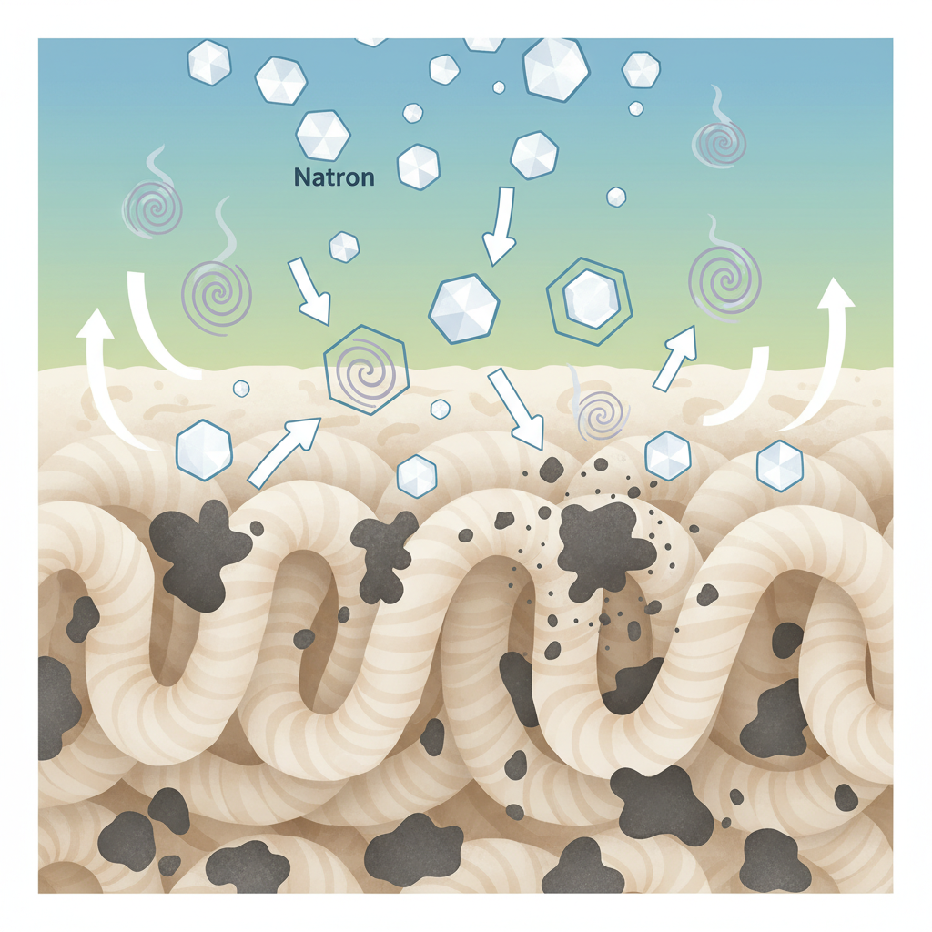 An infographic-style illustration detailing how Natron works on a microscopic level within a carpet. The image shows a magnified cross-section of soft, intertwined carpet fibers. Within the fibers, abstract, dark, irregular shapes representing dirt particles and small, swirling grey elements symbolizing odor molecules are visible. White crystalline Natron particles are depicted falling onto and interacting with these elements. Arrows illustrate the Natron particles encapsulating the odor molecules and dissolving the dirt particles, making them easy to release from the fibers. The overall look should be clean, conceptual, and informative, using a harmonious color palette.