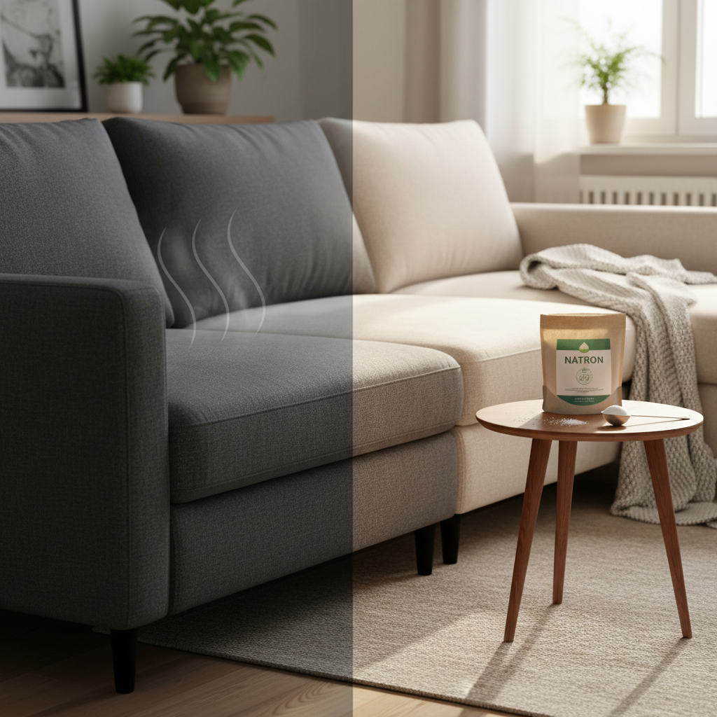 A cozy living room scene featuring a modern sofa. On the left side of the sofa, subtle visual cues suggest a lingering odor – perhaps very faint, wispy grey lines emanating from the cushions, representing unpleasant smells. On the right side, the sofa appears visibly fresher and brighter, with sunlight streaming in. Next to the fresh section of the couch, a small, open bag of white powder (Natron/baking soda) and a sprinkling spoon are neatly placed. The overall style is a clean, inviting, professional photo with soft natural lighting, emphasizing comfort and freshness.