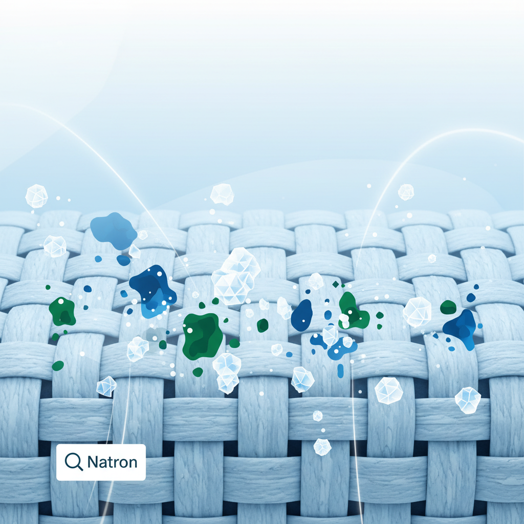 A close-up, abstract scientific illustration depicting the microscopic action of Natron on a sofa's upholstery. The scene shows stylized fabric fibers (like woven threads). Among these fibers, small, irregular, darker-colored shapes representing odor molecules are visible. White, crystalline particles (Natron) are shown actively surrounding and neutralizing these odor molecules into smaller, inert shapes, or absorbing them completely. The illustration uses a clean, infographic style with a focus on distinct shapes and a cool color palette (blues, greens, whites) to convey scientific effectiveness and cleanliness.