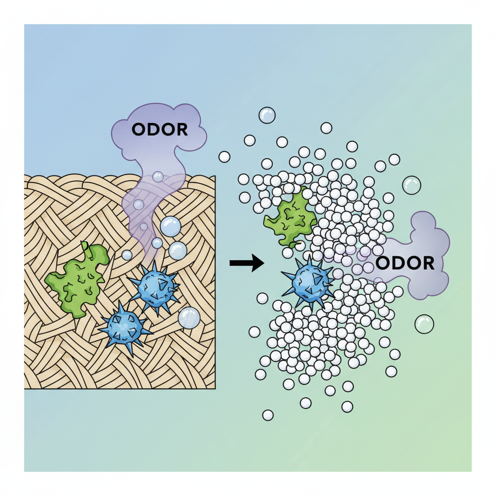 A flat, infographic-style illustration depicting the chemical interaction of baking soda with cat urine. On one side, show microscopic cat urine molecules (jagged, green shapes) and uric acid crystals (spiky blue forms) embedded in fabric fibers, with a cloud of unpleasant odor molecules rising above. On the other side, or as a progression, depict white granular baking soda particles actively surrounding and chemically neutralizing the green urine molecules, breaking down the blue crystals, and absorbing the purple odor clouds. The overall impression should be a clear, visually digestible representation of odor neutralization.
