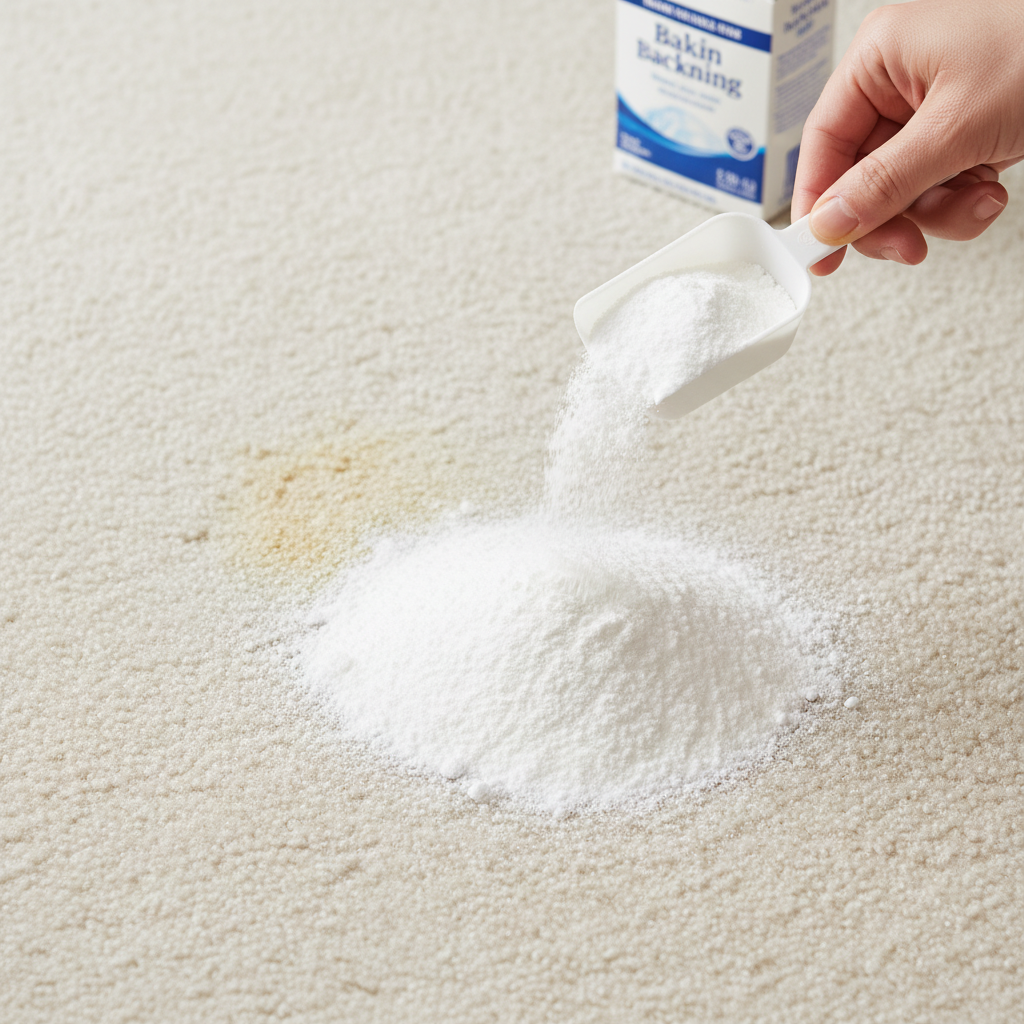 A professional, brightly lit top-down photo focusing on a segment of a clean, light-colored carpet. A subtle, dried cat urine stain is barely visible, indicated by a slight discoloration. A hand is carefully and generously sprinkling a thick, even layer of white baking soda powder directly onto and completely covering the entire area of the implied stain. A small, generic, open container of baking soda is visible blurred in the background, reinforcing the product. The image should convey cleanliness and the act of remediation.