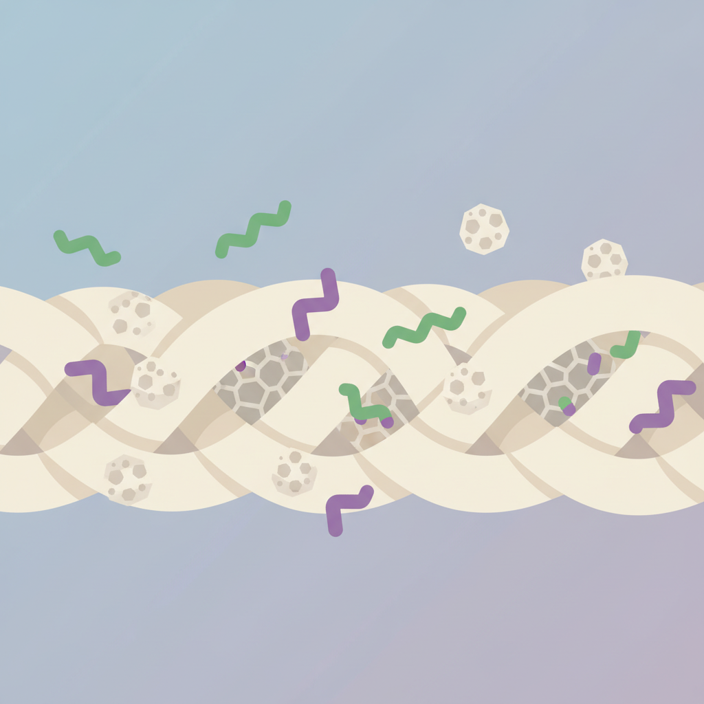 A clean, modern flat illustration depicting the molecular action of baking soda against cat urine odors. Show a simplified cross-section of a fabric fiber (e.g., a carpet loop) with stylized, angular purple uric acid molecules and wavy green ammonia molecules embedded within. Small, porous white baking soda particles are shown actively interacting: some are chemically neutralizing the purple and green molecules (indicated by a change to a neutral grey color), while others are physically absorbing and trapping them within their crystalline structure. The overall impression is one of scientific effectiveness and cleanliness, with soft, muted background colors.