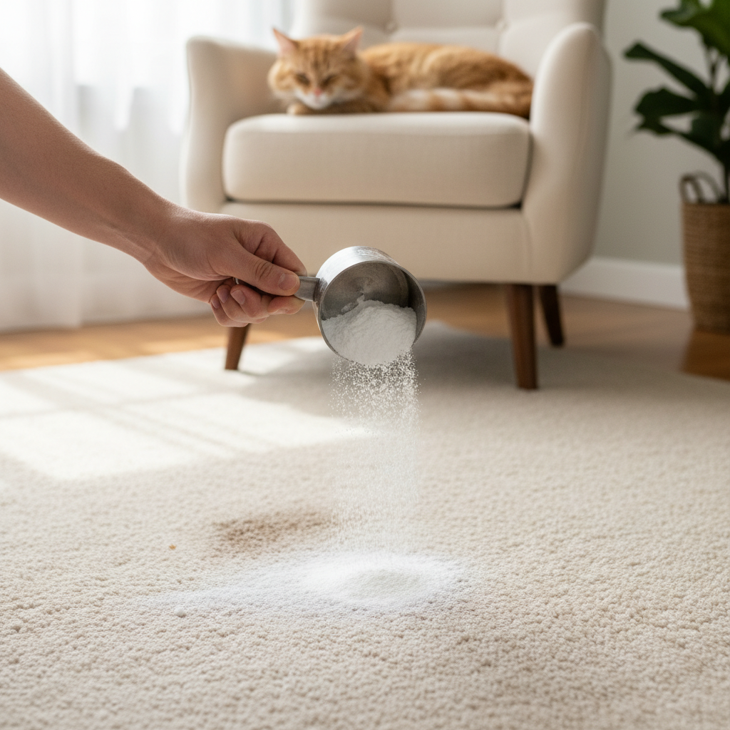 A professional, brightly lit photograph showcasing a practical home remedy for pet odors. The foreground features a close-up of a human hand, gently sprinkling a generous amount of fine white powder, representing baking soda, onto a slightly discolored or dampened patch on a light-colored carpet or upholstered furniture. In the soft-focus background, a well-groomed, relaxed cat is sitting comfortably on a nearby armchair or a cat tree, conveying a peaceful, odor-free home environment. The scene emphasizes effective, safe household cleaning with natural light and a clean aesthetic.