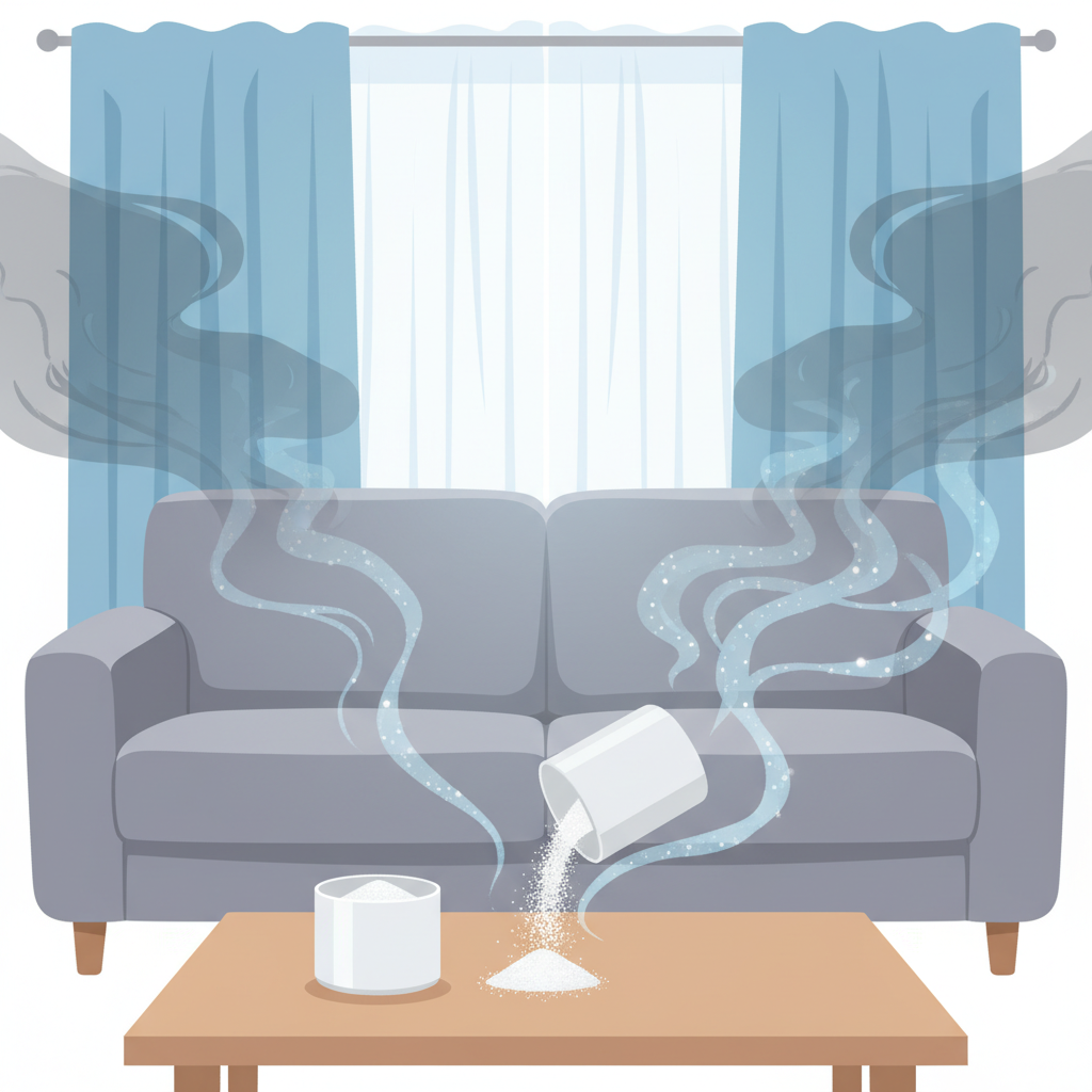 A clean, modern flat illustration of a subtly smoky living room. Hazy, dark tendrils representing lingering smoke odor are visible around a comfortable sofa and curtains. In the foreground, an open container of white baking soda powder (Natron) sits on a clean surface, with a gentle stream of powder sprinkling downwards. As the Natron powder descends, the dark smoke tendrils in its immediate vicinity visibly dissipate and transform into fresh, clear air, symbolizing effective odor neutralization. The overall mood should be one of relief and cleanliness.