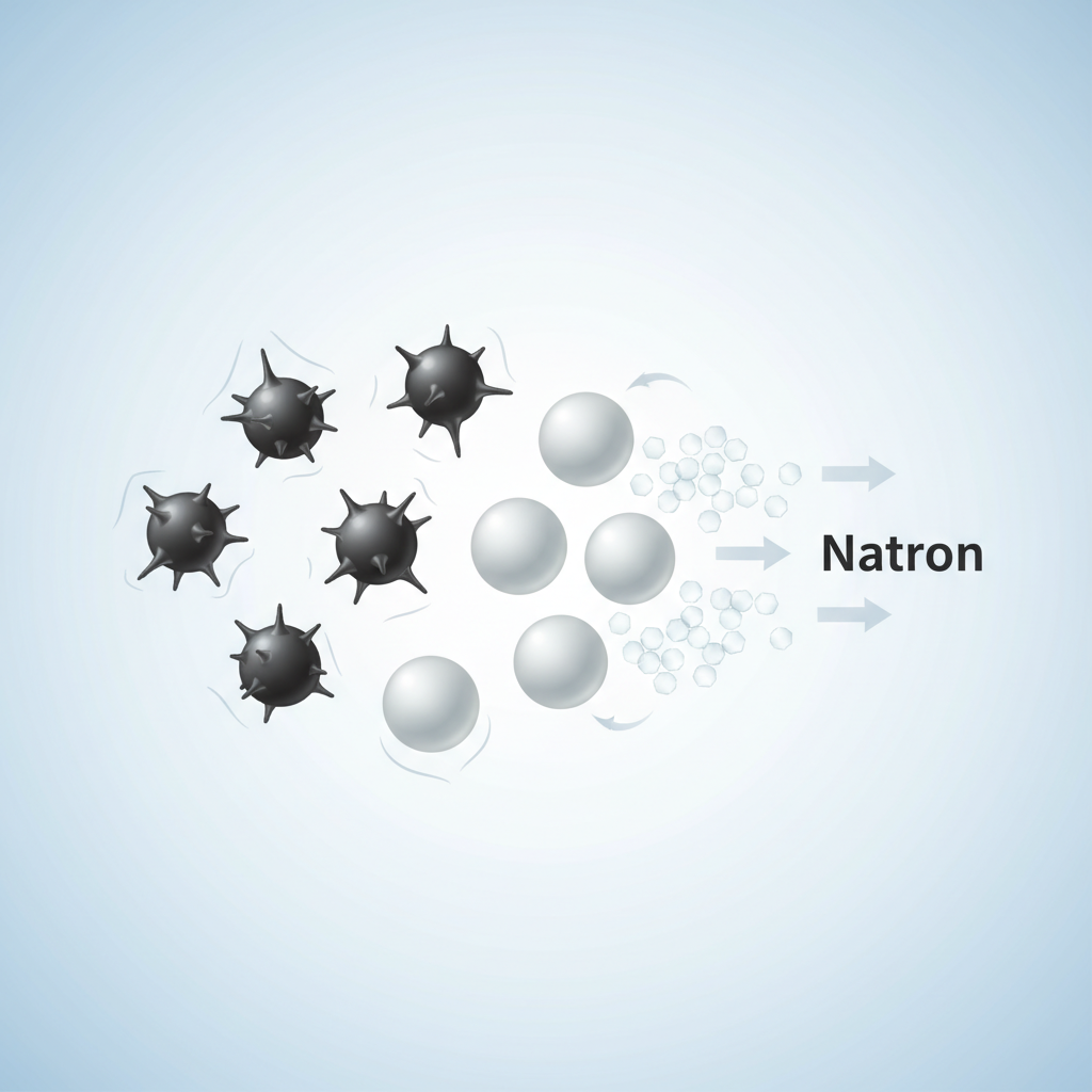 A crisp, scientific infographic style illustration depicting the molecular mechanism of odor neutralization. On one side, a cluster of jagged, dark-colored molecules with subtle wavy lines represents unpleasant smoke odor. From the opposite side, a shower of small, pristine white crystalline particles, representing Natron, moves towards the odor molecules. As the white Natron particles interact and merge with the dark smoke odor molecules, the dark molecules visibly transform, losing their jagged edges and becoming smooth, light grey, and neutral-looking spheres, illustrating the chemical neutralization process.