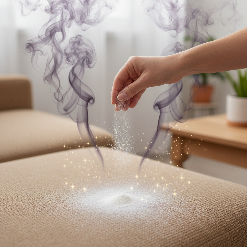 A top-down or slightly angled professional photo showing a human hand gently sprinkling a fine white powder (baking soda) onto a section of a cozy, upholstered sofa. Above the sofa surface, faint, swirling dark purple or gray wisps representing unpleasant odors are visibly dissipating or being absorbed into the powder. In contrast, the surrounding air near the sofa appears bright and clean, perhaps with subtle, soft light rays or sparkling effects symbolizing freshness. The overall scene should convey a sense of gentle cleaning and effective odor elimination, focusing on the action of application.