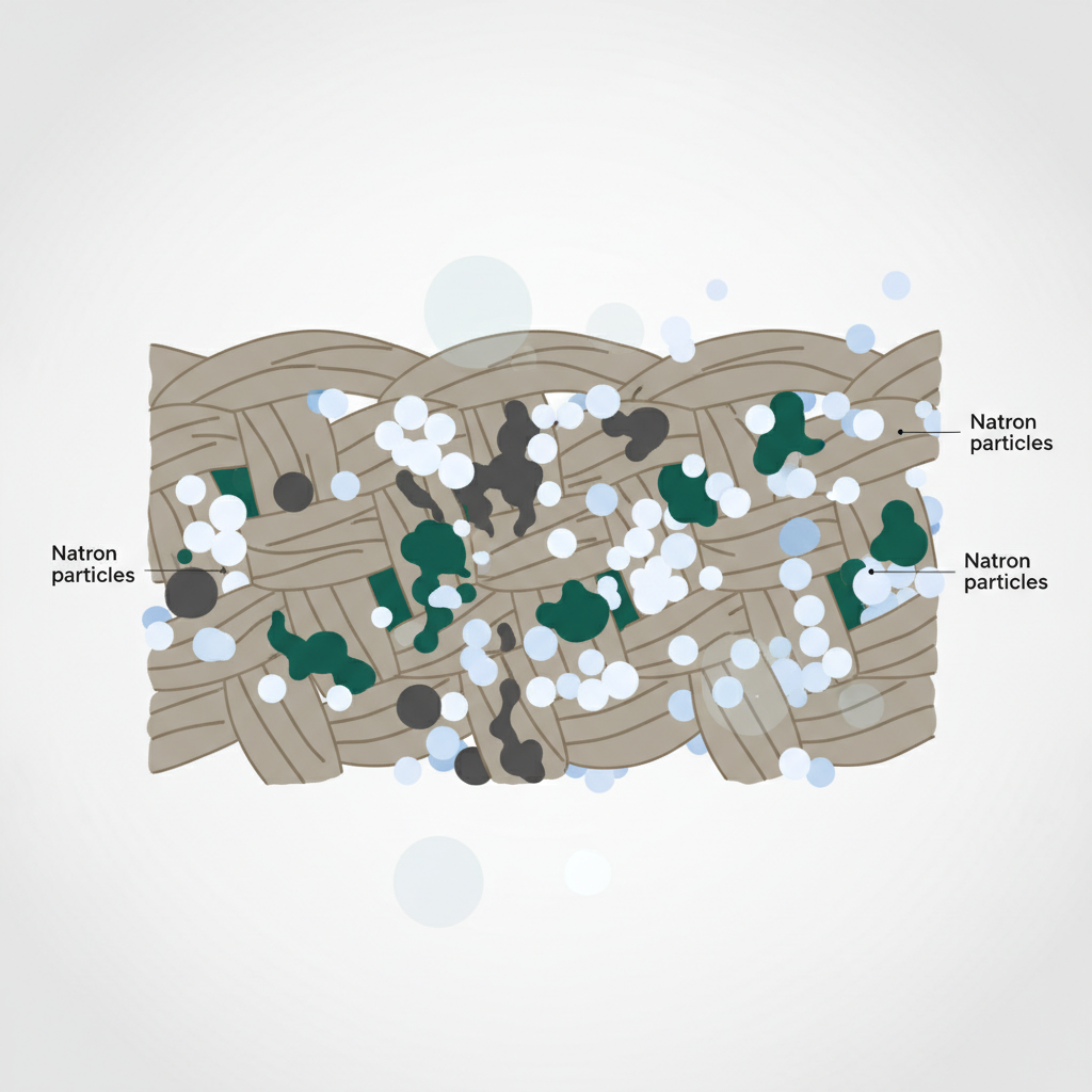 An infographic-style illustration depicting a microscopic cross-section of sofa fabric fibers. Abstract, irregularly shaped dark gray or green 'odor molecules' are shown intertwined within the fabric weave. Small, uniformly shaped white or light blue 'Natron particles' are strategically placed, actively surrounding and chemically interacting with the odor molecules. Some odor molecules should appear transformed, changing shape or color, or completely encapsulated by the Natron particles, illustrating molecular neutralization. The background should be clean and simple, emphasizing the scientific mechanism within the fabric.
