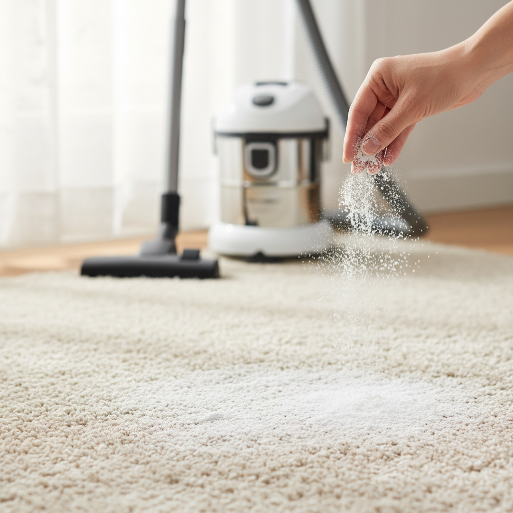 A bright, inviting professional photo showing a domestic scene. A hand, gently sprinkling a fine white powder (representing Natron) across a section of a light-colored, plush carpet. In the background, subtly out of focus, a modern vacuum cleaner hints at the next step in the cleaning process. The overall atmosphere conveys freshness and effectiveness, with soft, natural lighting illuminating the scene. The carpet should appear clean and free of visible stains, emphasizing the odor-neutralizing aspect rather than stain removal, evoking a sense of renewal.