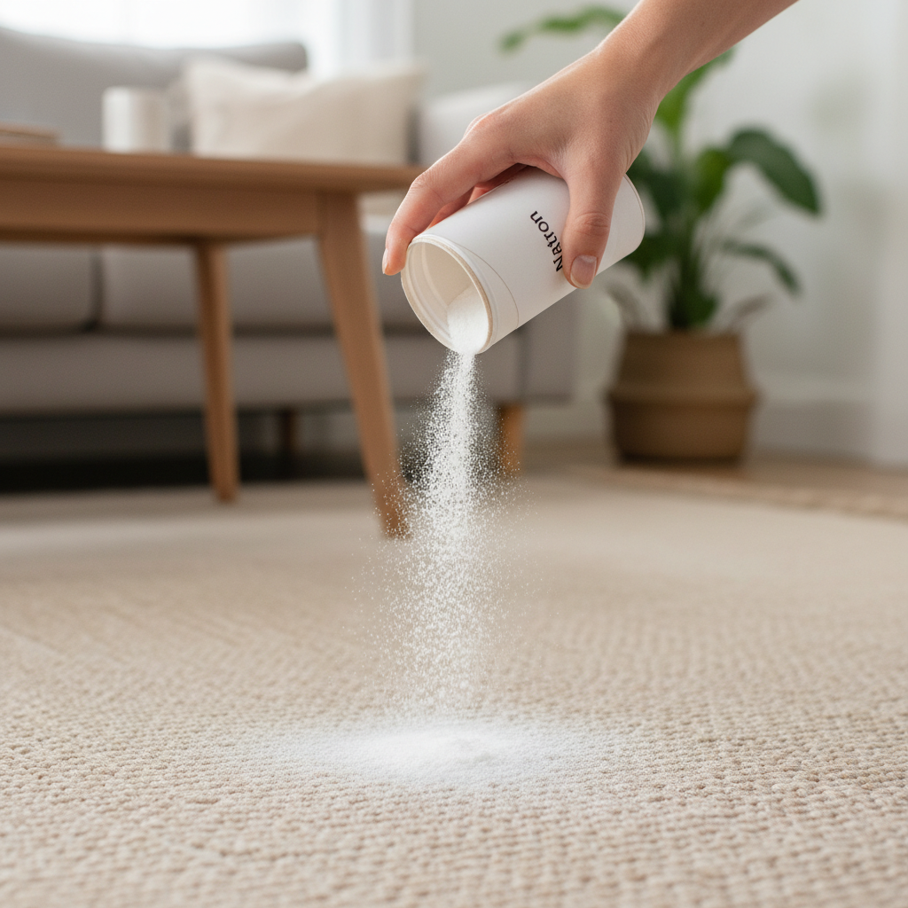 A bright, clean professional photograph or photorealistic rendering showing a practical application of Natron. A person's hand, holding a generic container of white powder, is gently sprinkling a generous amount of fine baking soda (Natron) onto a light-colored, subtly textured surface like a carpet or upholstery. The focus is on the falling powder and its gentle landing. The background suggests a typical home environment. The scene conveys a sense of effective cleaning and odor elimination in a domestic setting.