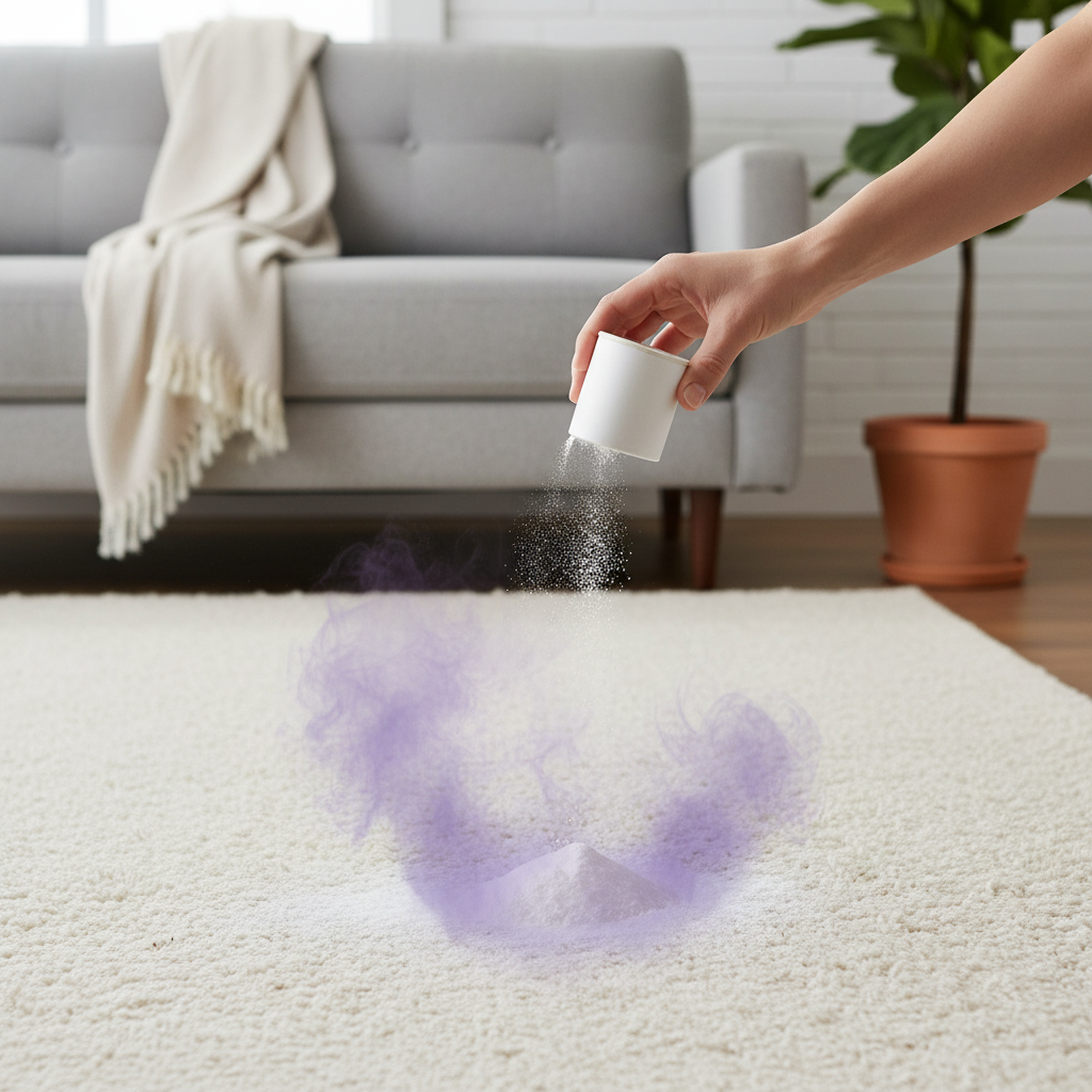 A vibrant, professional photo of a cozy living room scene. A generic hand is gently sprinkling fine white powder (representing baking soda) from a small, unmarked container onto a plush, light-colored carpet. A subtle, translucent purple 'smell cloud' that was hovering over the carpet is visibly dissipating and blending into the powder, suggesting neutralization. The background shows a soft-focus, clean sofa and a potted plant, conveying a sense of freshness taking over a formerly unpleasant situation. Focus on the action and the visual effect of odor removal.