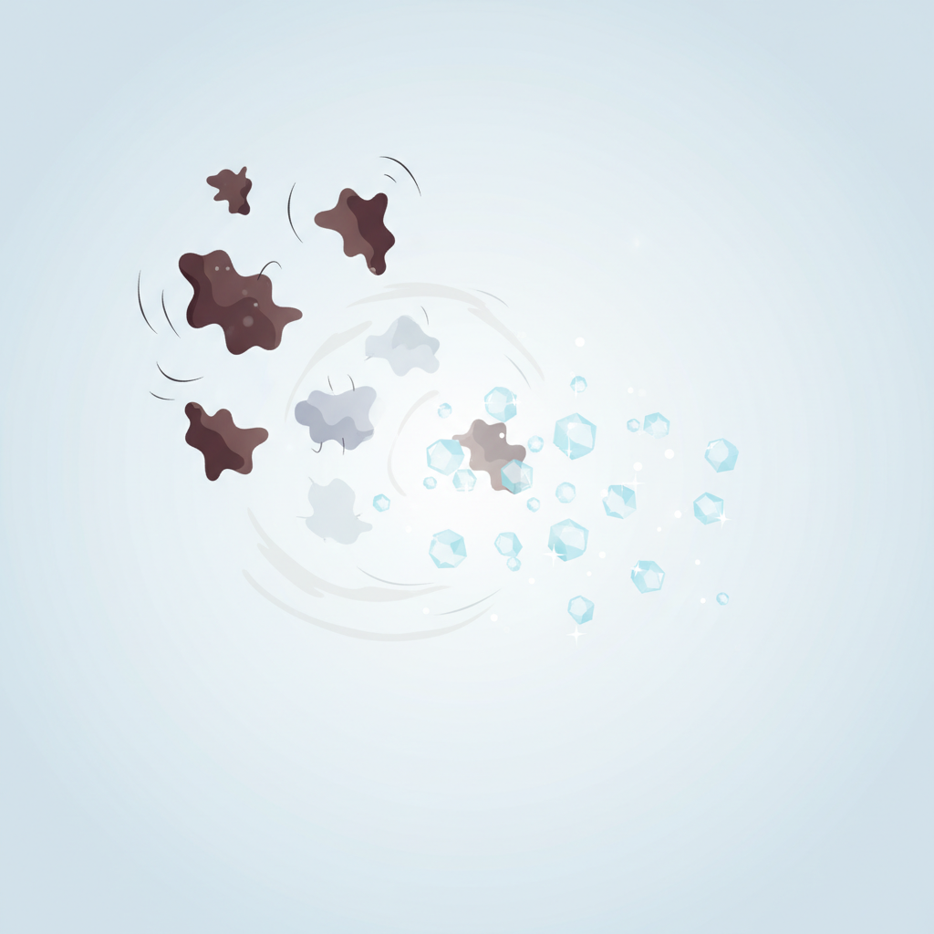 A clean, modern flat illustration depicting the microscopic process of odor neutralization. On one side, several dark, jagged, wavy 'smell molecules' (representing urine odor particles) are floating in the air. On the other side, numerous small, sparkling, crystal-like 'baking soda particles' are shown actively approaching and surrounding these smell molecules. Some of the smell molecules are visually transforming or dissolving into a neutral, faded state upon contact with the baking soda, illustrating the absorption and chemical neutralization process. The background is simple and uncluttered, emphasizing the molecular interaction.
