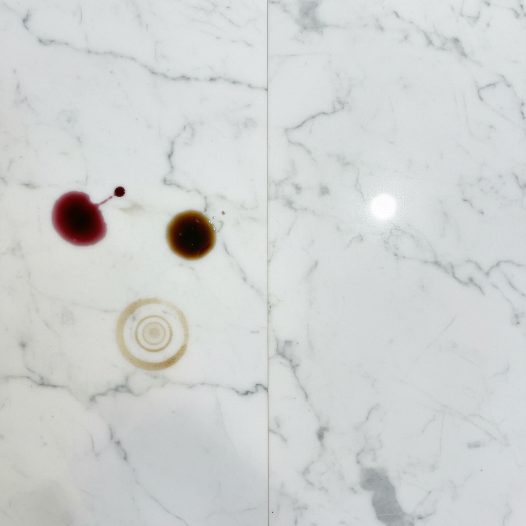 A close-up, overhead view of a luxurious natural stone countertop, likely granite or marble, showcasing both its beauty and vulnerability. On one side, subtle, distinct areas display common stains: a vibrant red wine splash, a dark oil droplet, and a dried coffee ring, subtly hinting at liquid absorption into the stone's surface. The other side of the counter appears pristine, gleaming, and perfectly maintained, suggesting the potential for cleanliness. This professional photo should highlight the contrast between a stained and a cared-for surface.