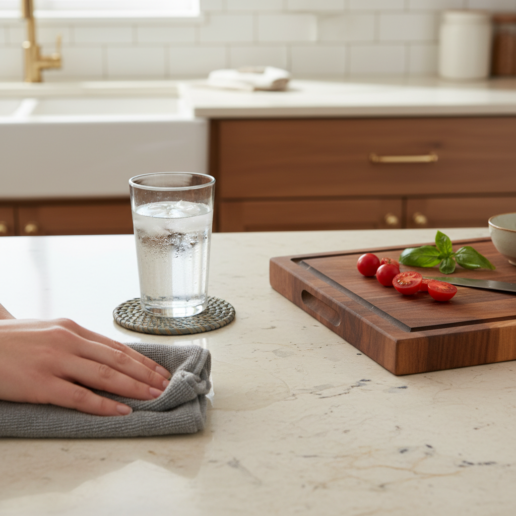 A bright, inviting professional photo depicting a natural stone kitchen countertop in use, emphasizing preventative care. A pair of hands, in the foreground, gently wipes away a small, clear liquid spill with a soft, microfiber cloth. In the mid-ground, a stylish coaster sits under a glass of water, protecting the surface. Further back, a wooden cutting board is positioned on the countertop, clearly indicating its use for food preparation. The overall scene should convey a sense of active, careful maintenance and protection for the stone surface.