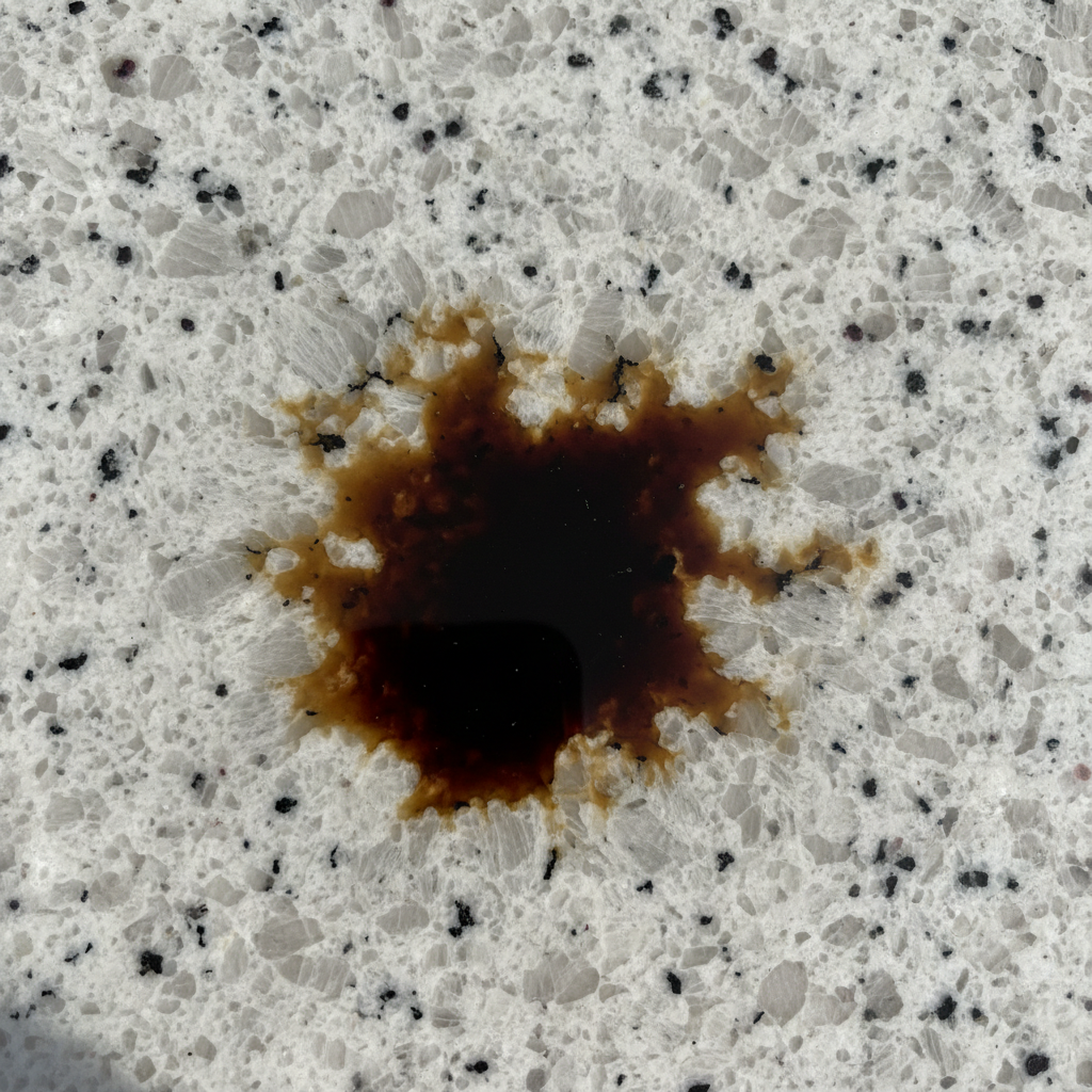 A high-resolution, close-up professional photo showcasing a dark, prominent grease stain absorbed into a textured, light-colored natural stone surface, like a polished granite or marble countertop. The image should subtly hint at the stone's porous structure through slight visual cues around the stain, emphasizing how deeply the oil has penetrated. The lighting should highlight the contrast between the pristine stone and the unsightly, deep stain, conveying the stubbornness of the problem. The focus is on the visual impact of the grease stain on the natural material.
