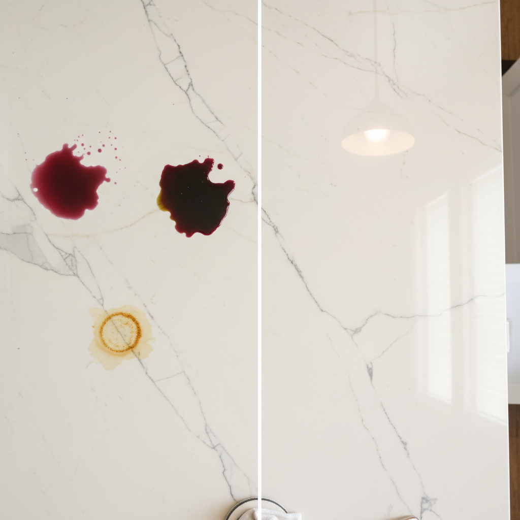 A professional, high-angle photo of a beautiful kitchen countertop made of light-colored natural stone, possibly marble or light granite. The image is conceptually split into two halves. The left half shows several distinct, vibrant stains: a dark red wine spill, an oily dark patch, and a yellowish rust mark. The right half of the same countertop is impeccably clean, polished, and gleaming, reflecting ambient light beautifully. Focus on the smooth texture and natural patterns of the stone, emphasizing the contrast between the marred and pristine surfaces. The overall impression should be one of successful restoration.