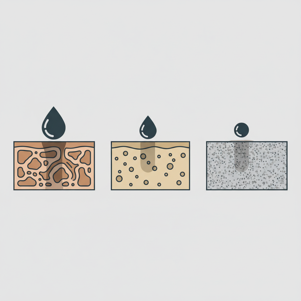 A clear, educational flat illustration in an infographic style depicting three distinct cross-sections of different natural stones, arranged horizontally. From left to right: a highly porous stone (like sandstone or unsealed marble) with visible, larger internal pores; a moderately porous stone (like limestone); and a very dense stone (like granite) with tiny, almost imperceptible pores. Above each stone, show a small droplet of dark liquid partially absorbed into the porous stones, sinking deeper into the most porous one, and largely remaining on the surface of the dense stone, visually explaining stain susceptibility based on porosity.