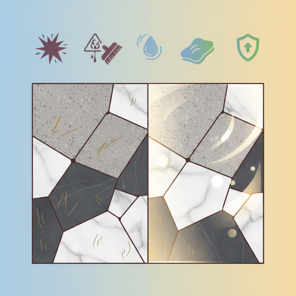 A vibrant, modern flat illustration with a subtle gradient, depicting two contrasting states of a natural stone surface, possibly a mosaic of different stone types like granite, marble, and slate. On one side, the stones appear dull, with subtle etch marks and a few minor, abstract stains. Adjacent to this, stylized icons representing harsh, acidic, or abrasive cleaning agents (without any text) are subtly implied. On the other side, the same stones radiate a pristine, polished glow, reflecting light beautifully, implying careful maintenance. This visual contrast clearly communicates the 'before and after' effect of proper vs. improper cleaning without any direct comparison text.