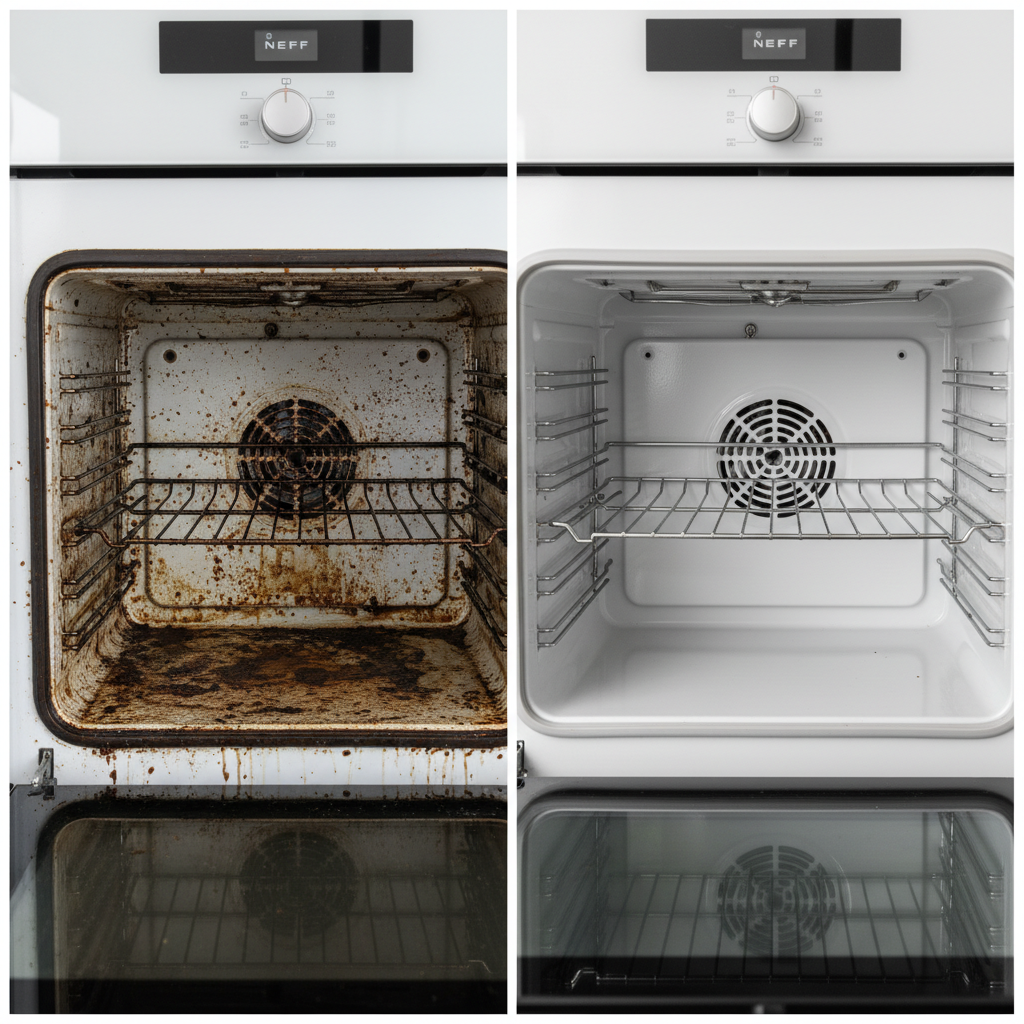 A visually striking split-screen professional photo showing the interior of a modern Neff oven. The left side depicts a heavily soiled oven, with visible burnt-on food, grease splatters, and a dull, grimy appearance on the interior walls and glass door. The oven racks are dark with residue. The right side shows the identical oven interior, sparkling immaculately clean, with gleaming silver racks, pristine white enamel walls, and a crystal-clear glass door, reflecting ambient light. The scene should convey a stark contrast between neglect and pristine cleanliness, highlighting the benefits of a thorough cleaning.